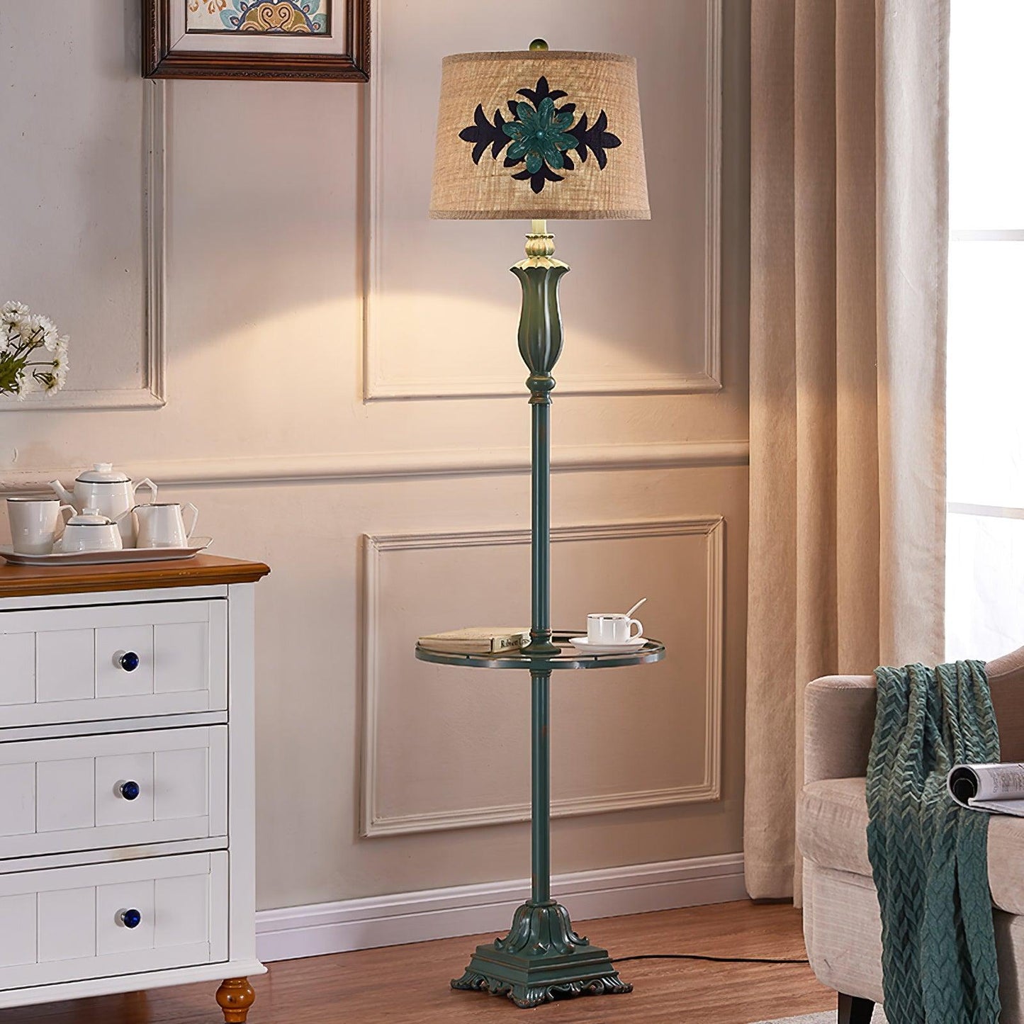 Lark Floor Lamp with Taupe Bell Shade - Vintage Resin Design
