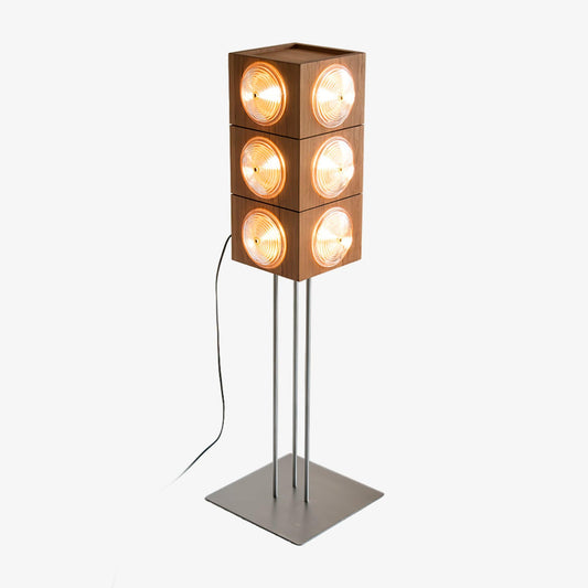 Cinematic Lightbox Camera Floor Lamp with Cherry Wood Design