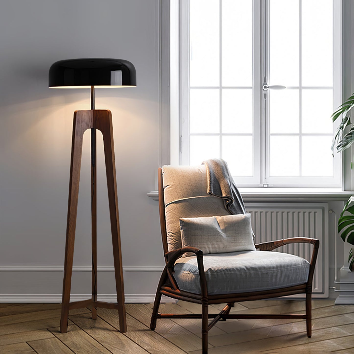 Linea Floor Lamp - LED Walnut with Black Shade for Indoor Use