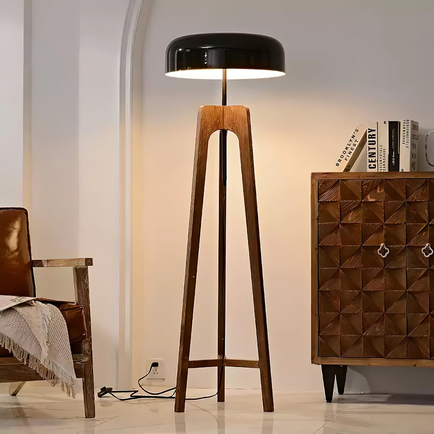 Linea Floor Lamp - LED Walnut with Black Shade for Indoor Use