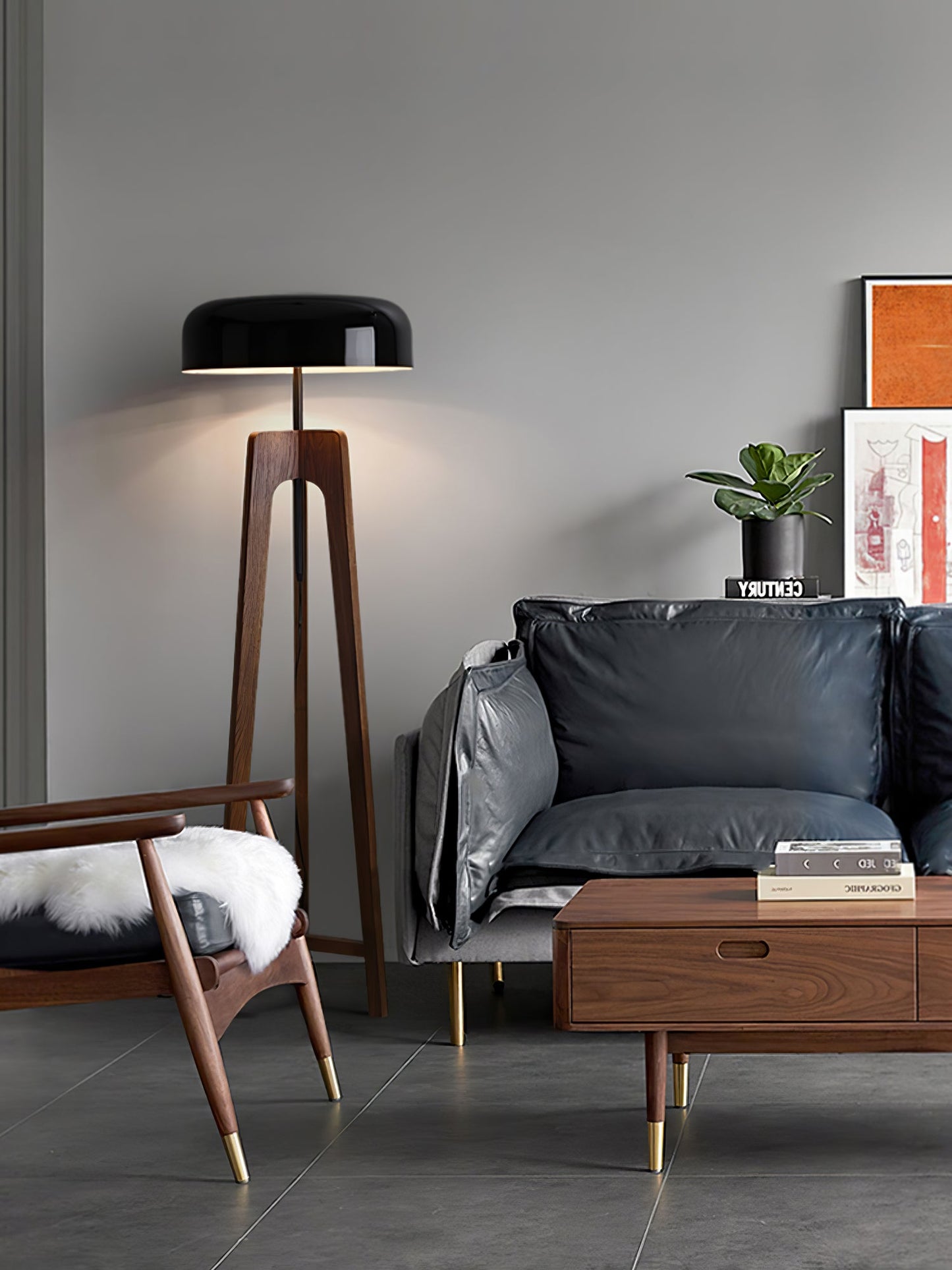 Linea Floor Lamp - LED Walnut with Black Shade for Indoor Use