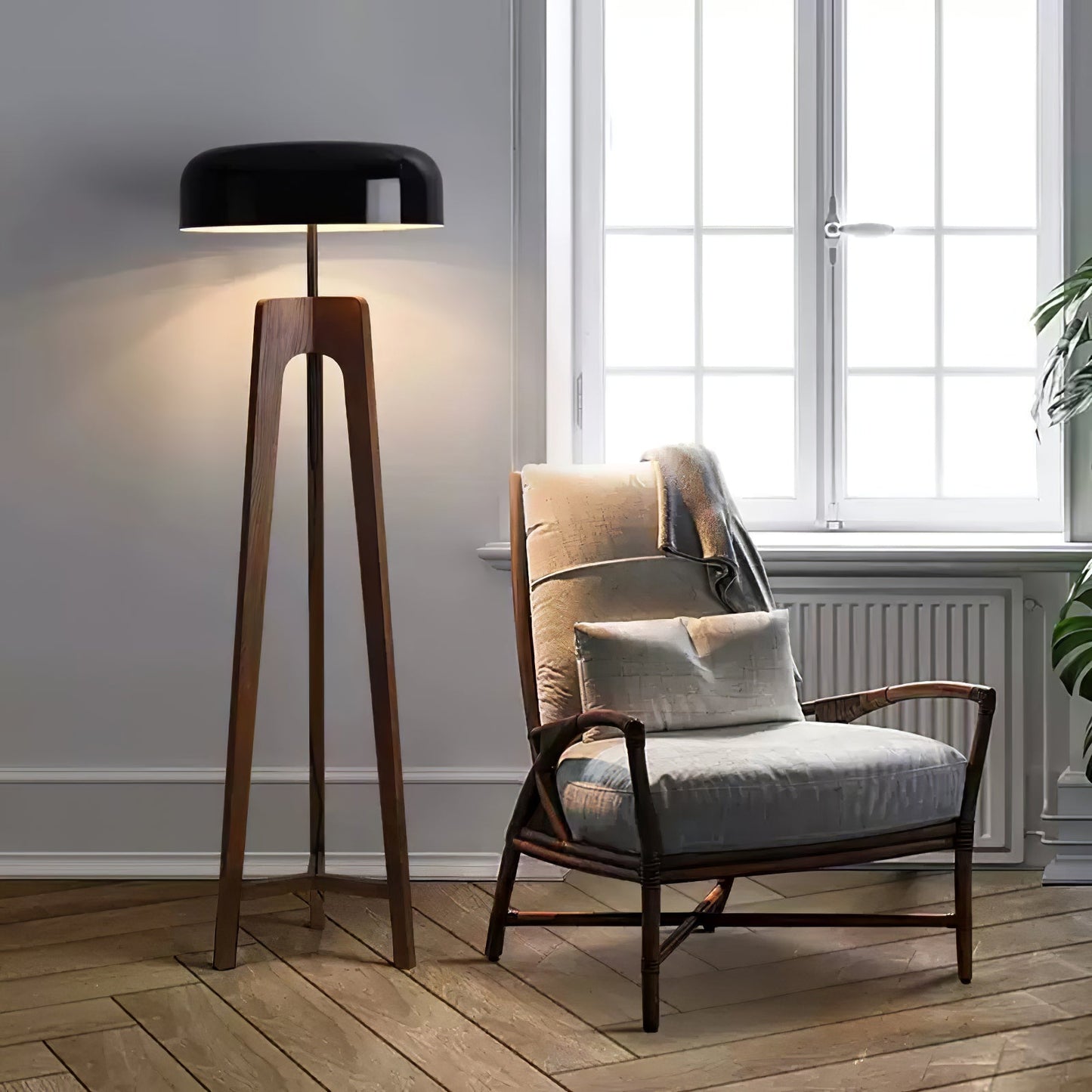Linea Floor Lamp - LED Walnut with Black Shade for Indoor Use