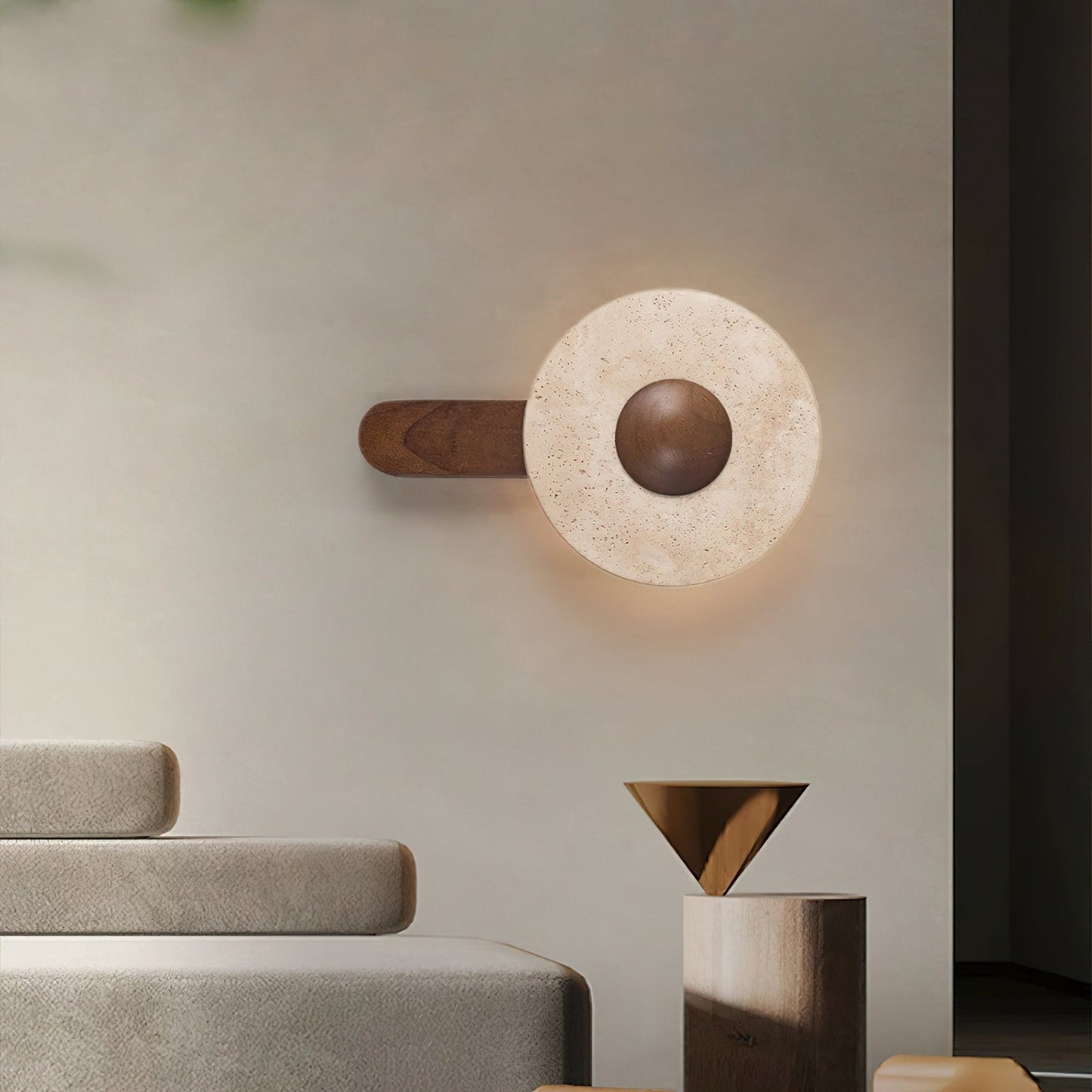 Lunar Wood Wall Lamp - LED Indoor Lighting with Travertine