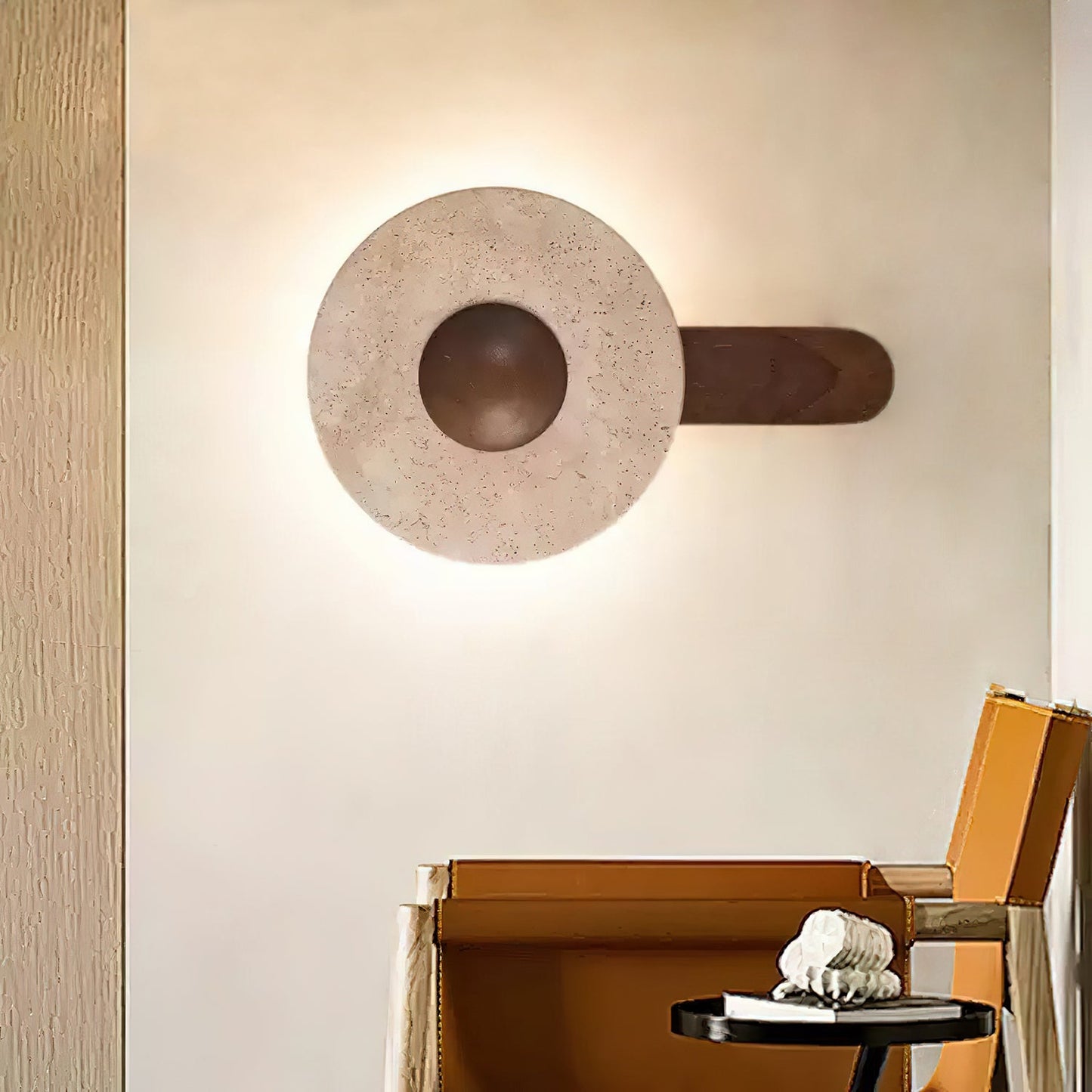 Lunar Wood Wall Lamp - LED Indoor Lighting with Travertine