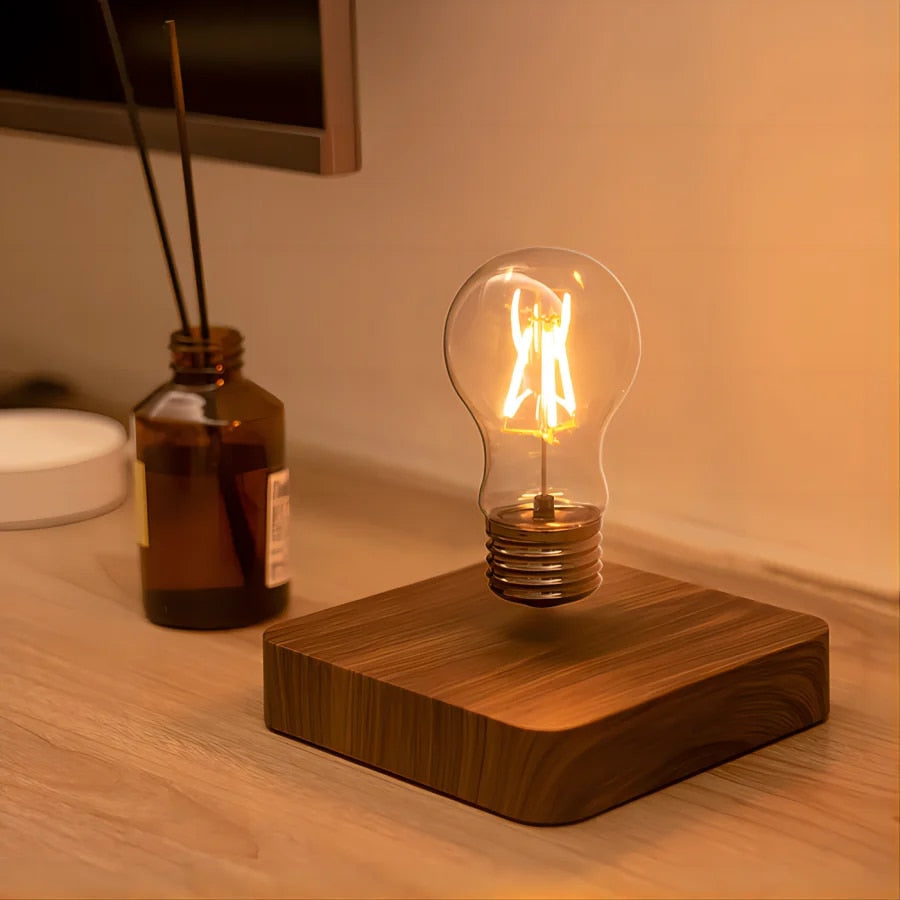 Floating LED Desk Lamp – Magnetic Levitation Light Bulb with Wooden Base