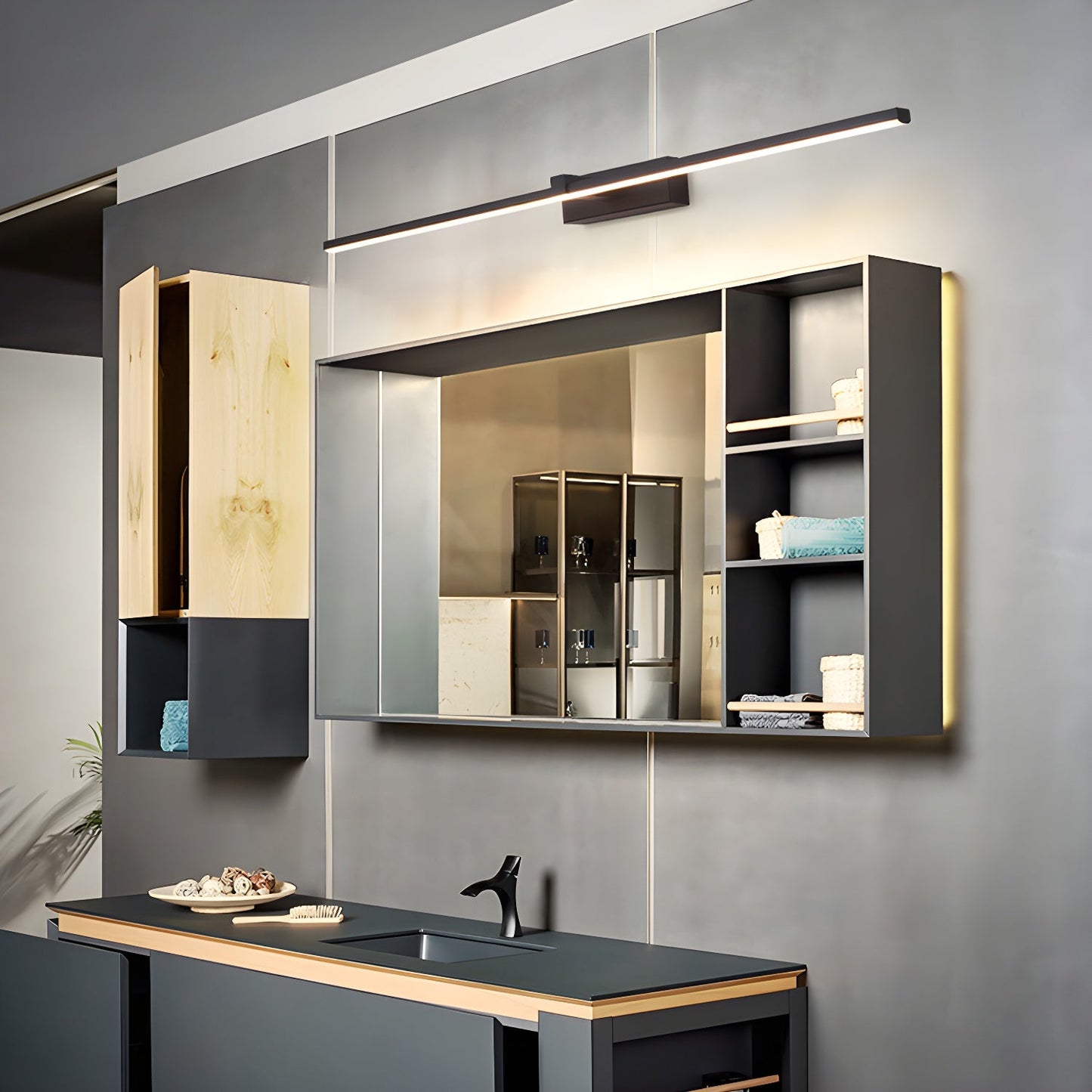 Metal Linear Mirror Wall Light with LED - Black Finish