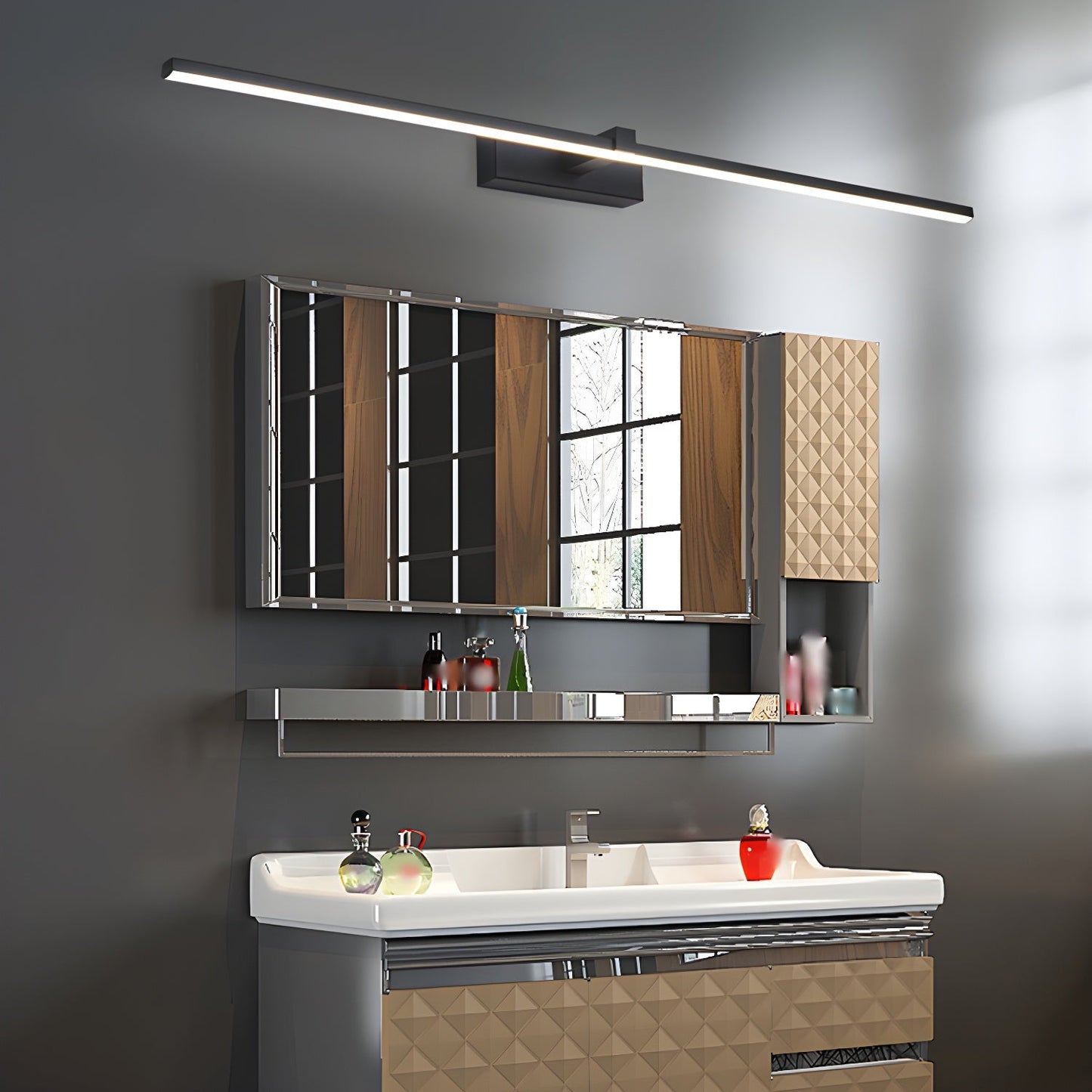 Metal Linear Mirror Wall Light with LED - Black Finish