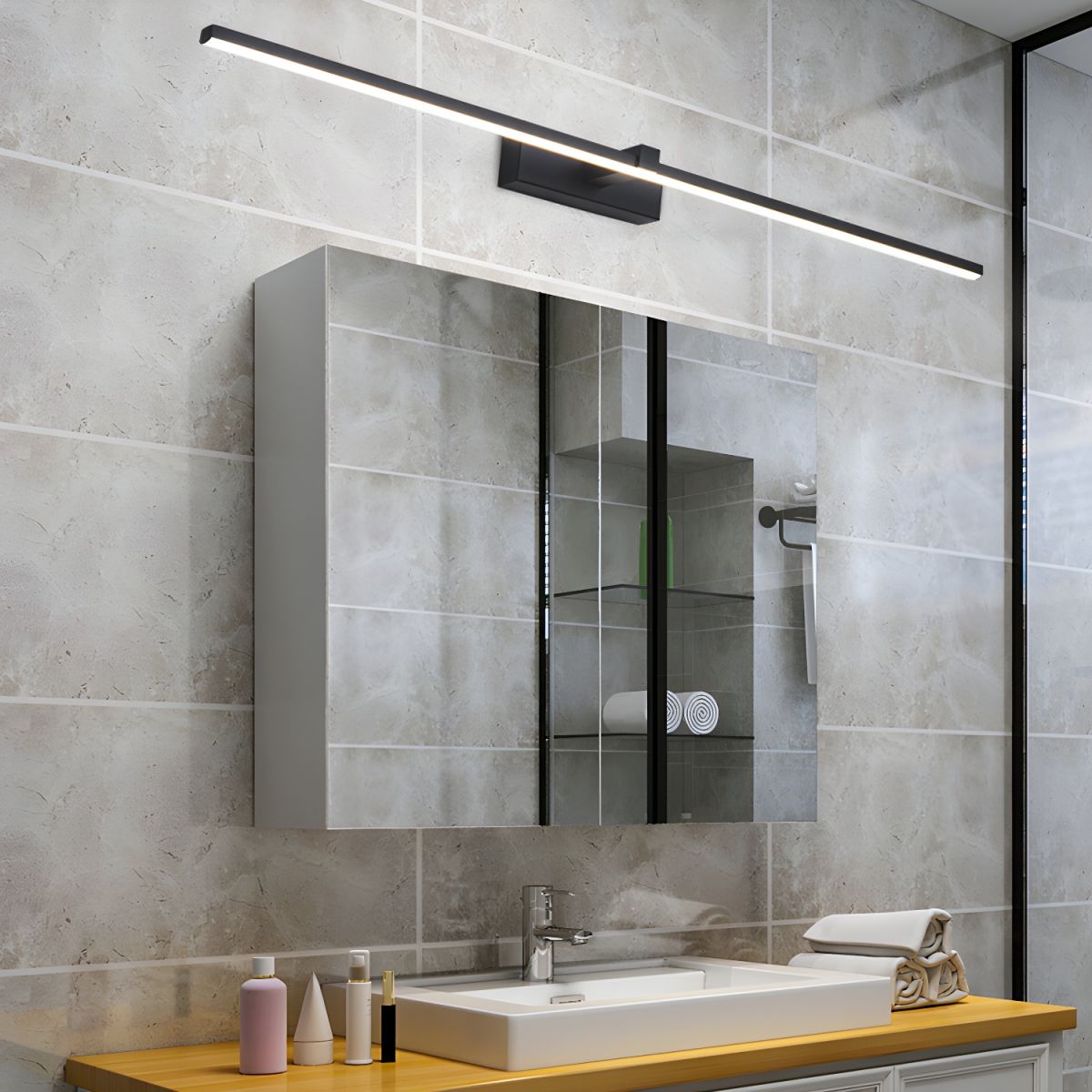 Metal Linear Mirror Wall Light with LED - Black Finish