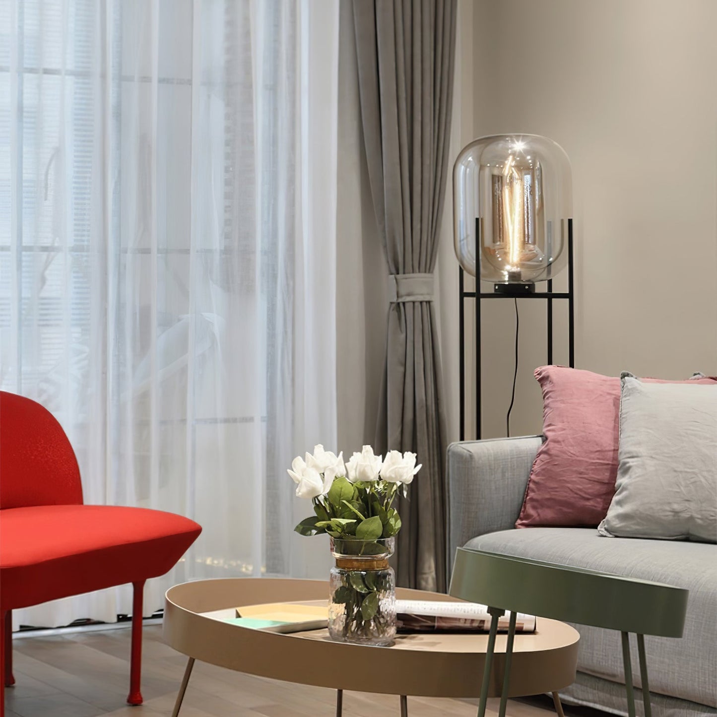 Oda Floor Lamp with Hand Blown Glass, LED, Indoor Use