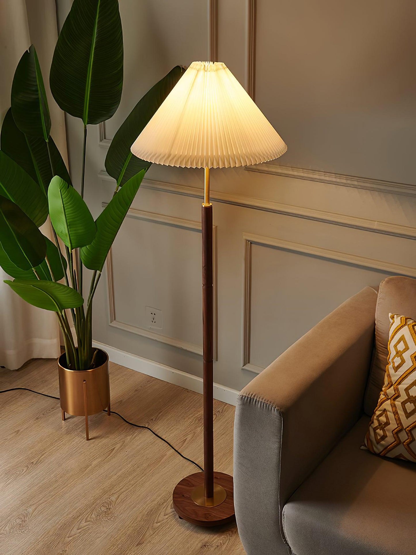 Pleated Floor Lamp - Elegant LED Design, Indoor Use, Wood Base
