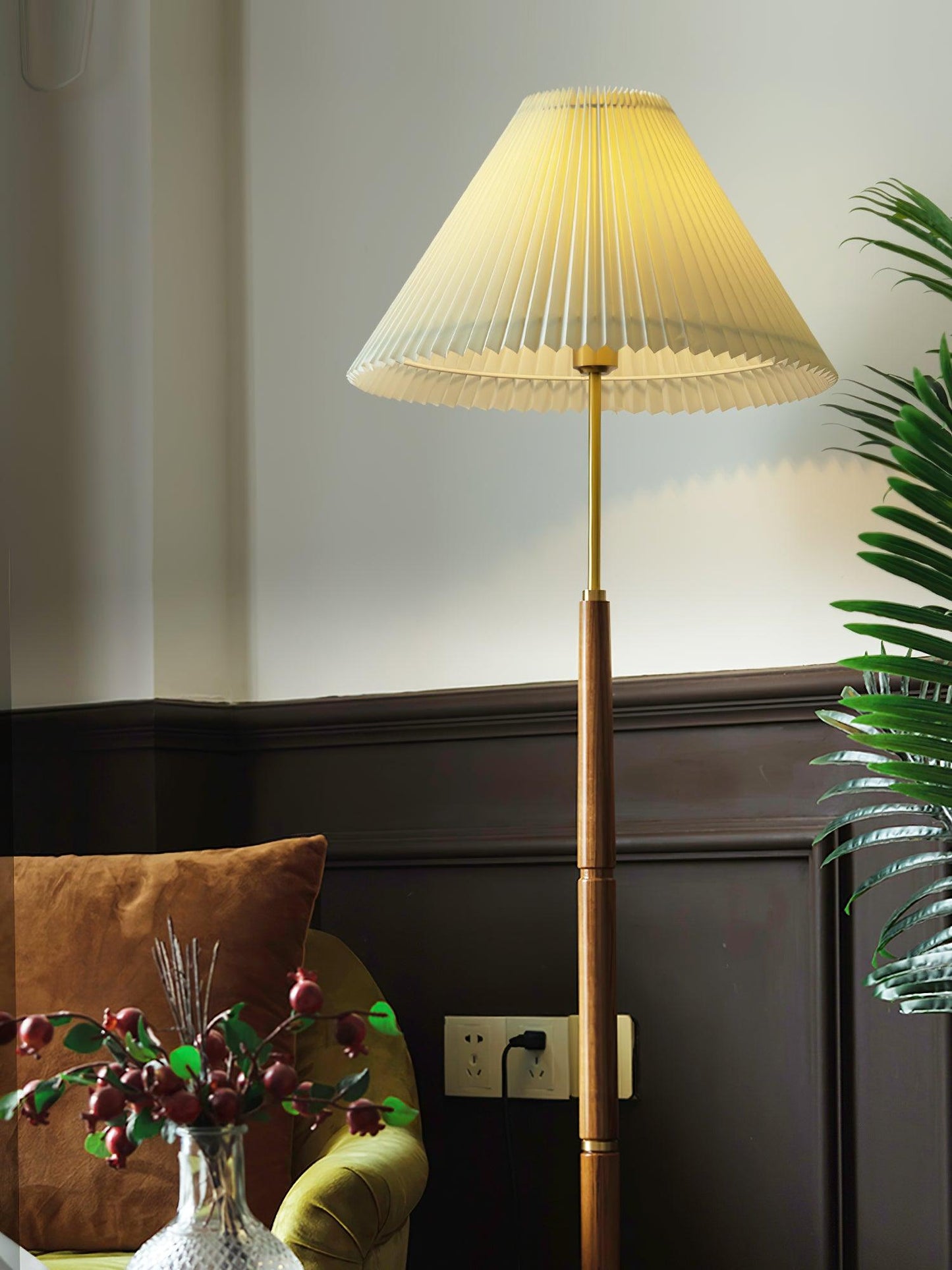 Pleated Floor Lamp - Elegant LED Design, Indoor Use, Wood Base
