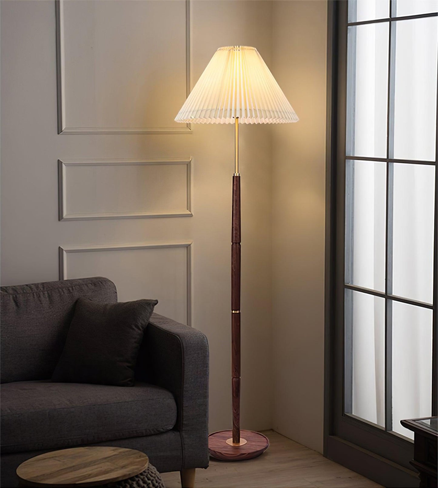 Pleated Floor Lamp - Elegant LED Design, Indoor Use, Wood Base