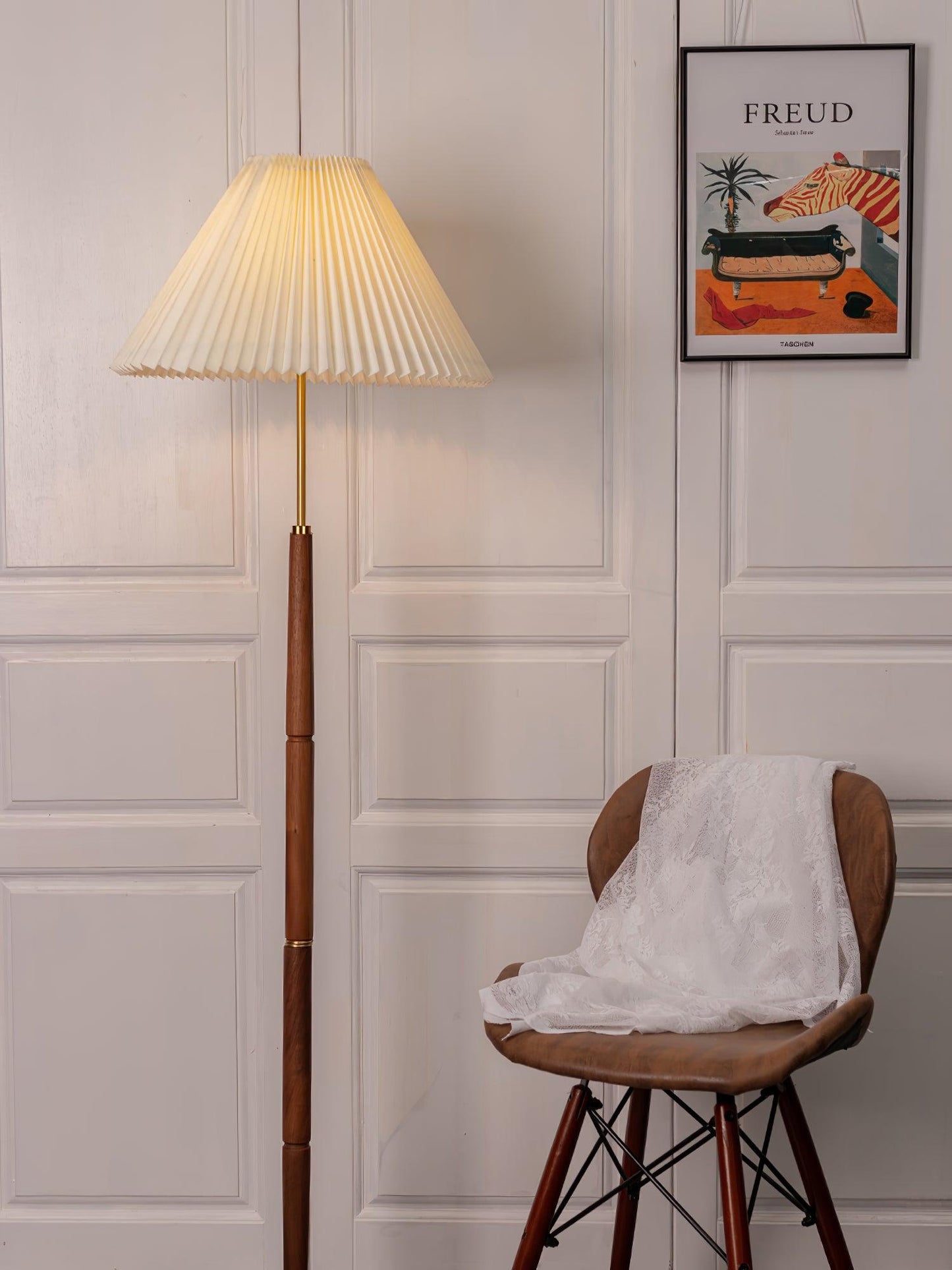Pleated Floor Lamp - Elegant LED Design, Indoor Use, Wood Base