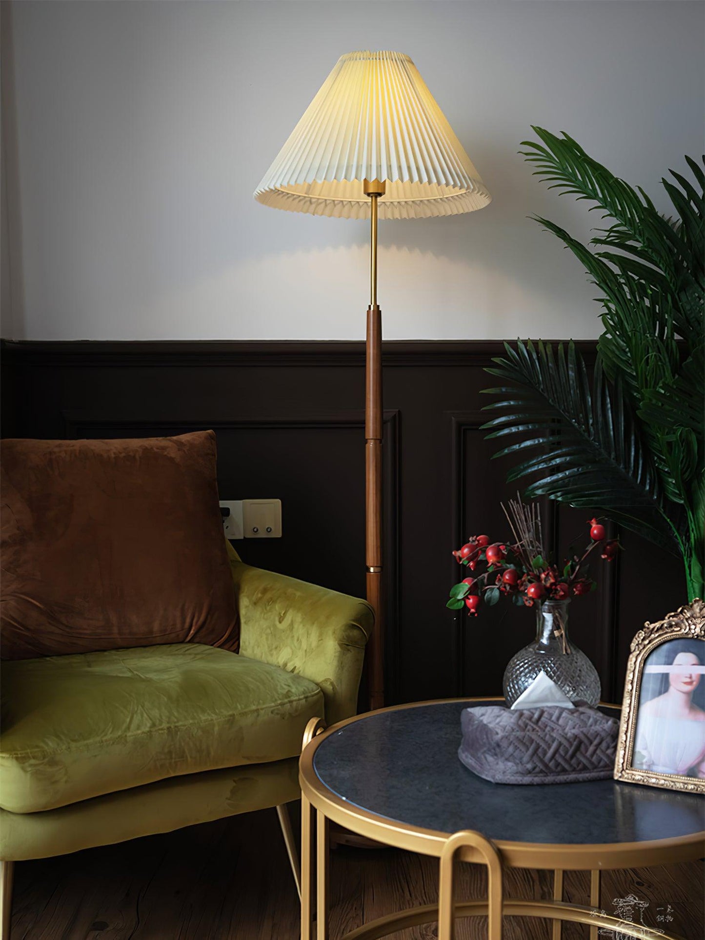 Pleated Floor Lamp - Elegant LED Design, Indoor Use, Wood Base