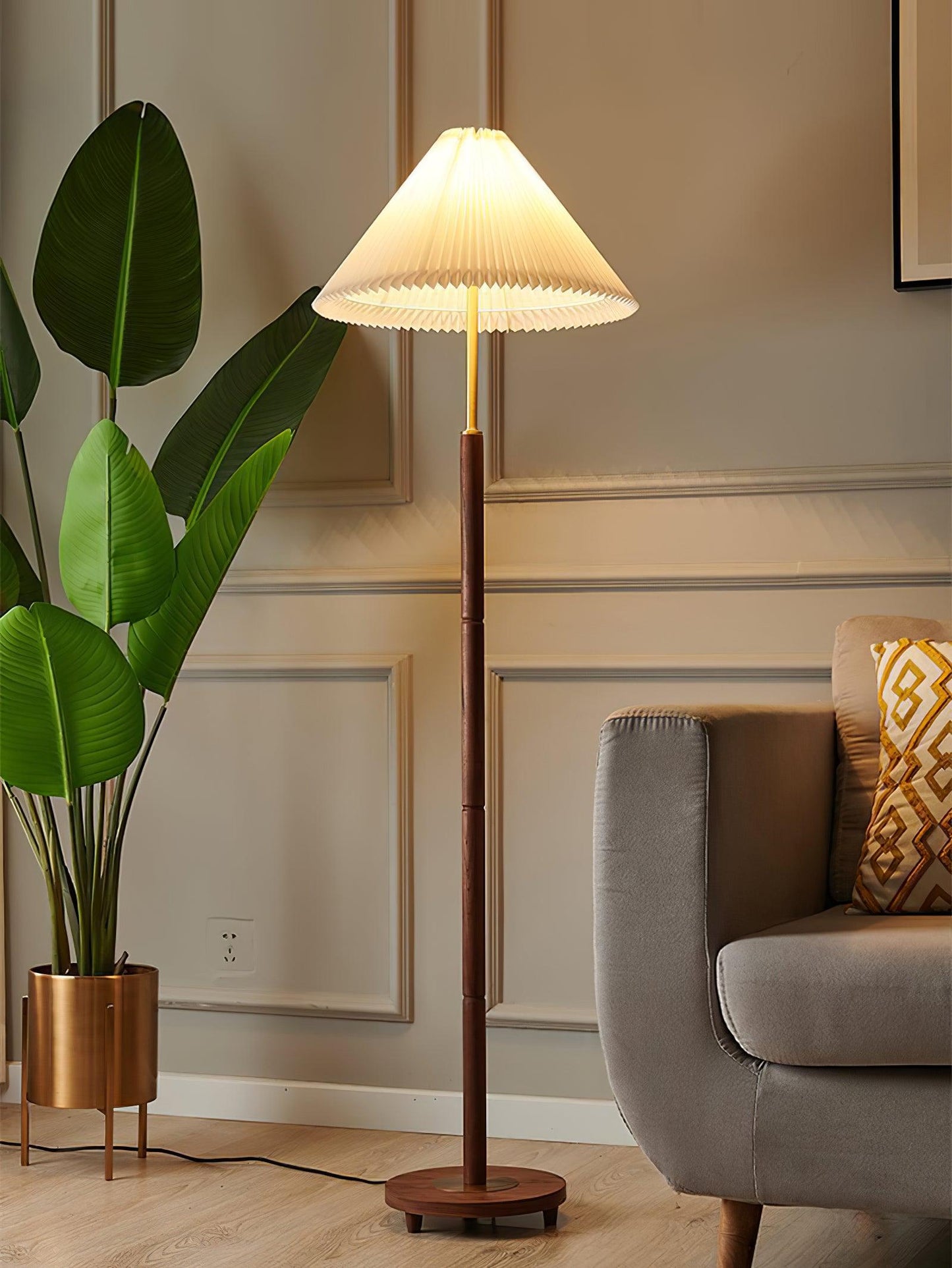 Pleated Floor Lamp - Elegant LED Design, Indoor Use, Wood Base