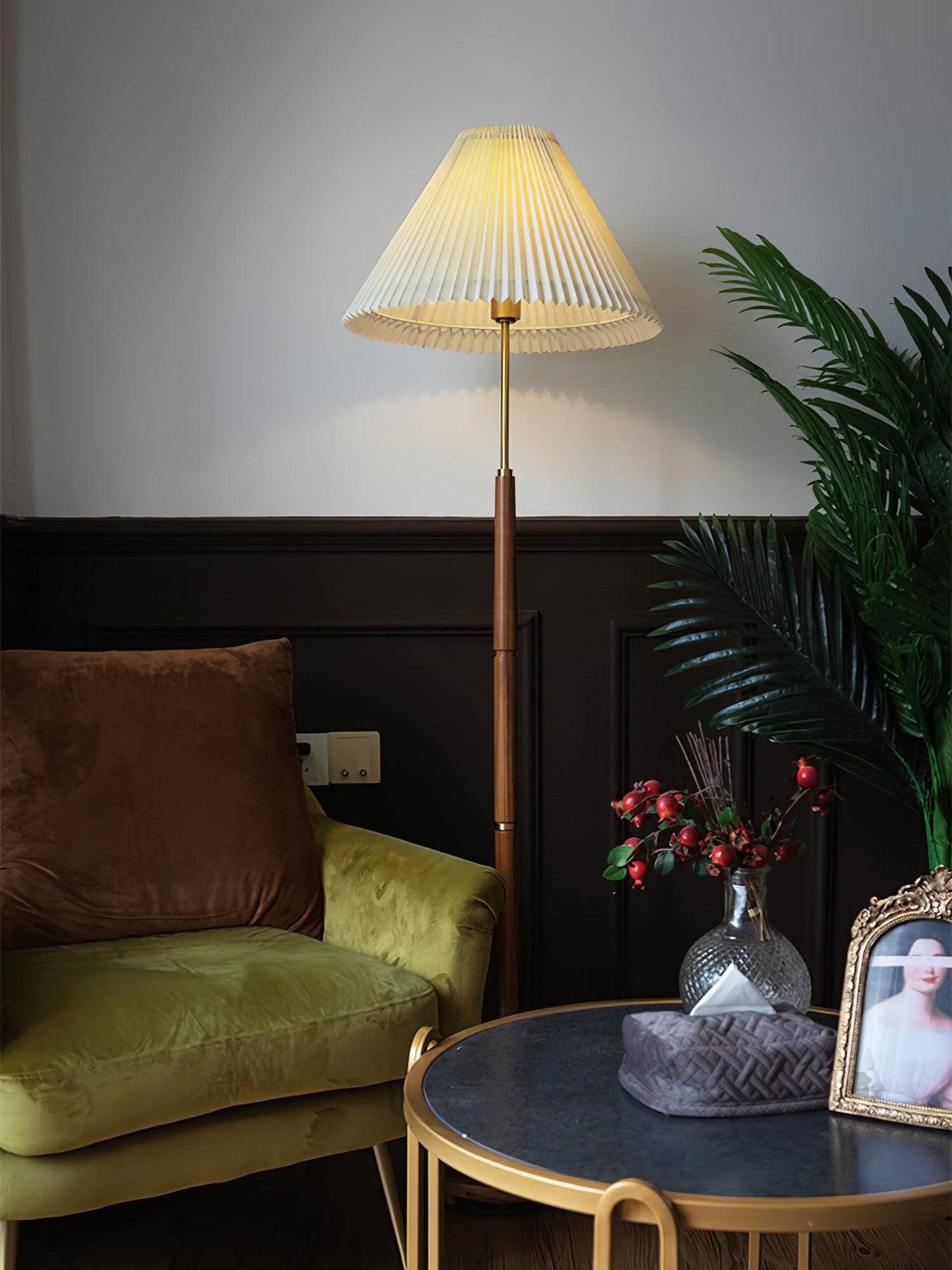 Pleated Floor Lamp - Elegant LED Design, Indoor Use, Wood Base