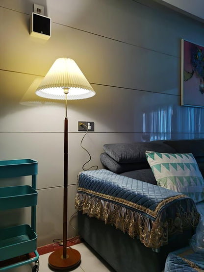 Pleated Floor Lamp - Elegant LED Design, Indoor Use, Wood Base