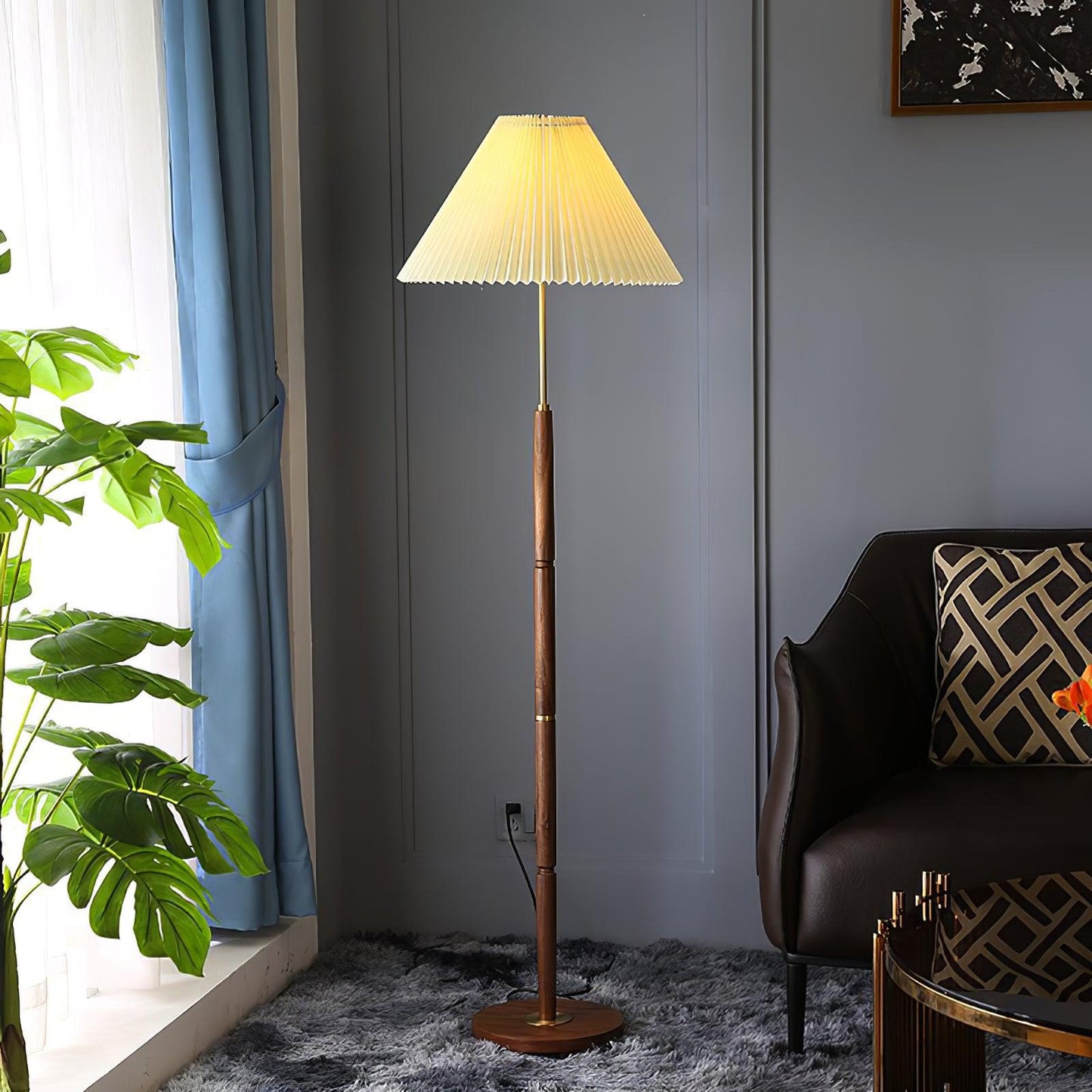 Pleated Floor Lamp - Elegant LED Design, Indoor Use, Wood Base