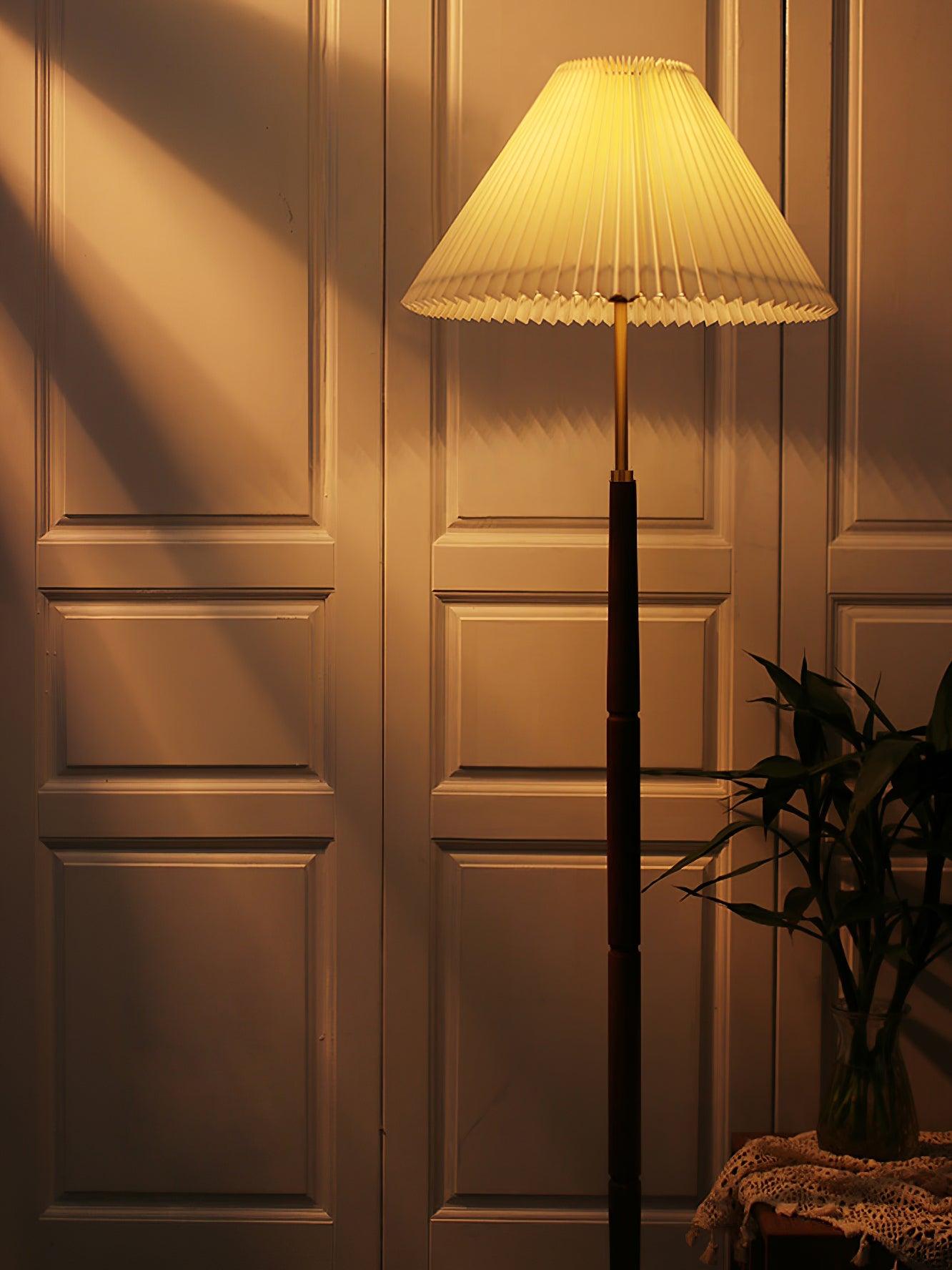 Pleated Floor Lamp - Elegant LED Design, Indoor Use, Wood Base