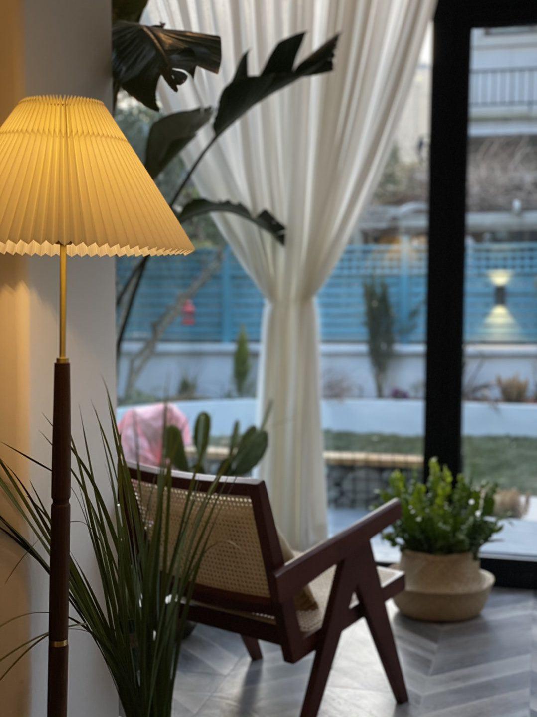 Pleated Floor Lamp - Elegant LED Design, Indoor Use, Wood Base