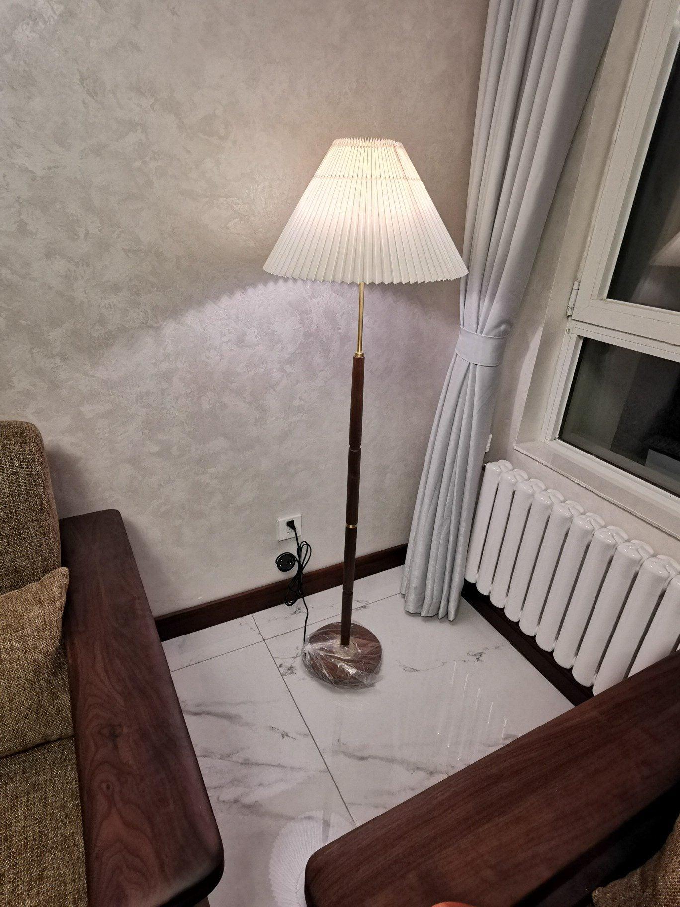 Pleated Floor Lamp - Elegant LED Design, Indoor Use, Wood Base