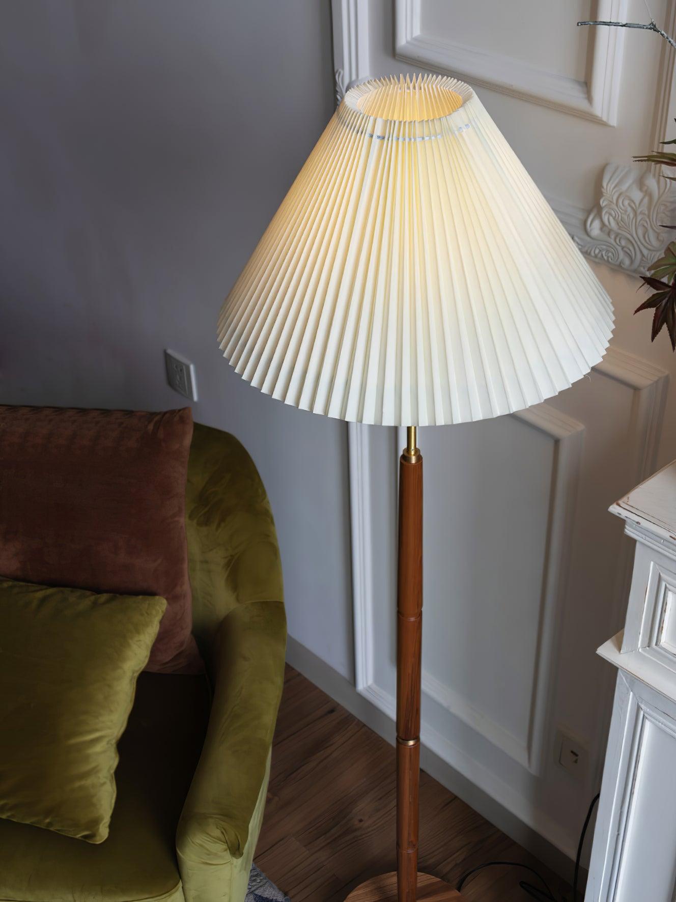 Pleated Floor Lamp - Elegant LED Design, Indoor Use, Wood Base
