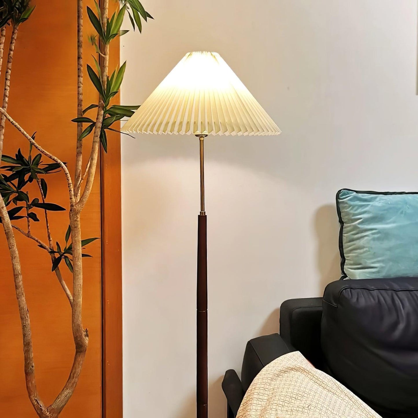 Pleated Floor Lamp - Elegant LED Design, Indoor Use, Wood Base