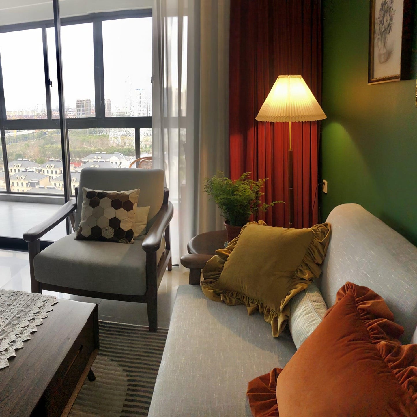 Pleated Floor Lamp - Elegant LED Design, Indoor Use, Wood Base