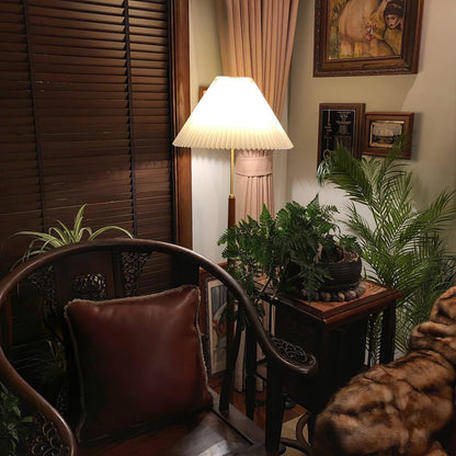 Pleated Floor Lamp - Elegant LED Design, Indoor Use, Wood Base