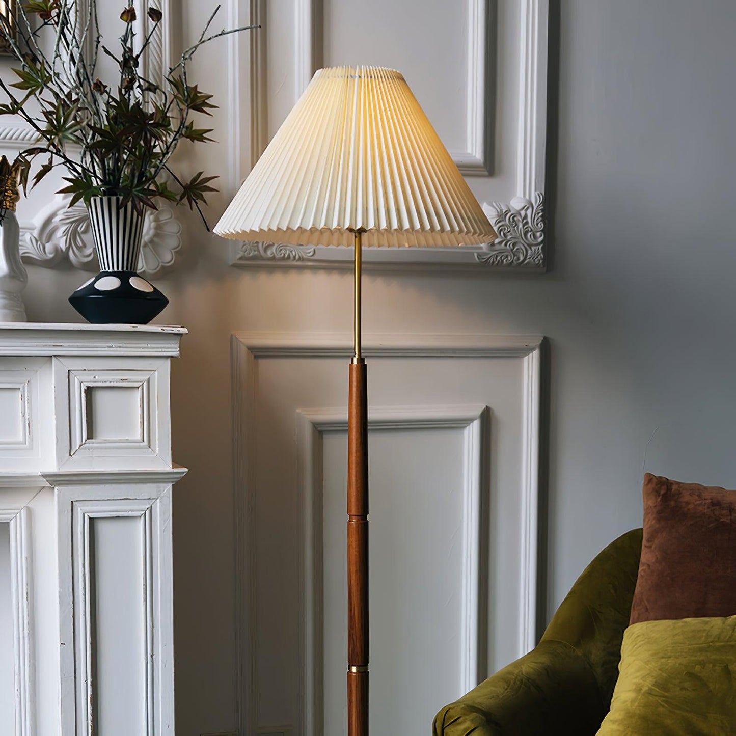 Pleated Floor Lamp - Elegant LED Design, Indoor Use, Wood Base