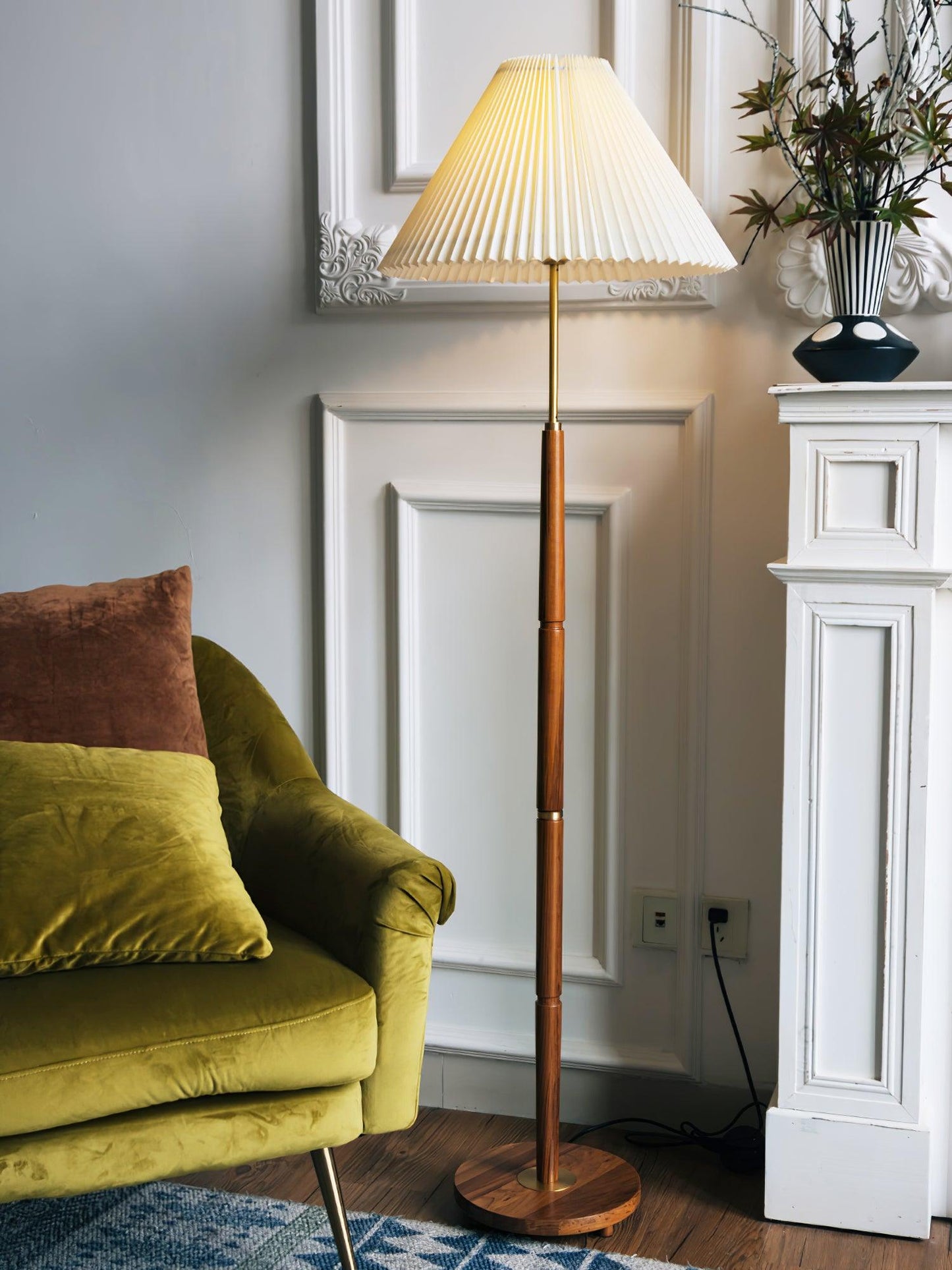 Pleated Floor Lamp - Elegant LED Design, Indoor Use, Wood Base