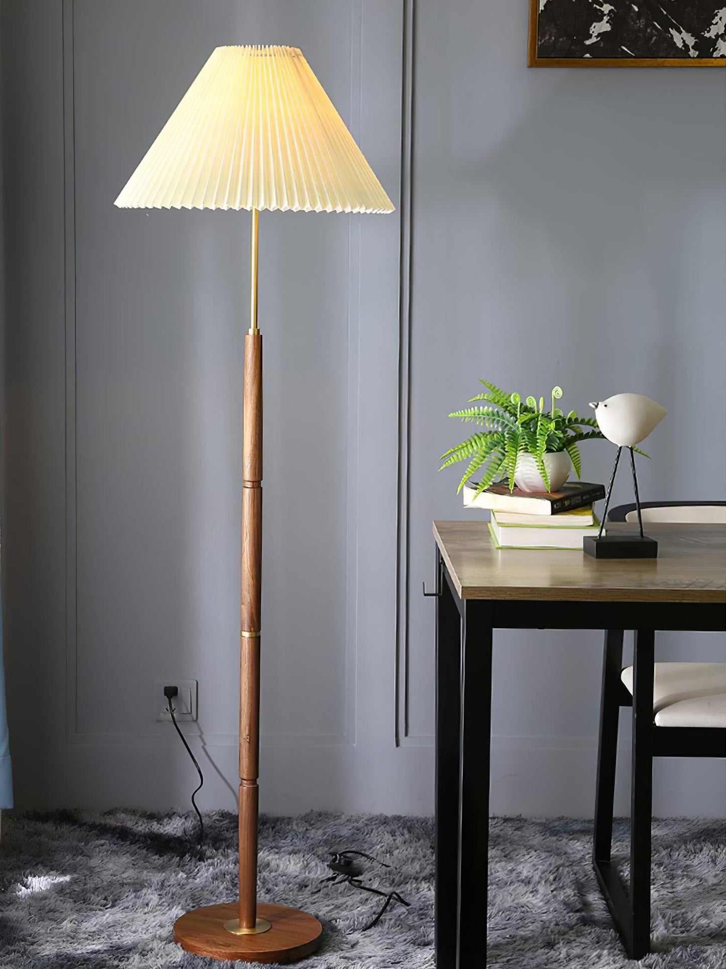 Pleated Floor Lamp - Elegant LED Design, Indoor Use, Wood Base