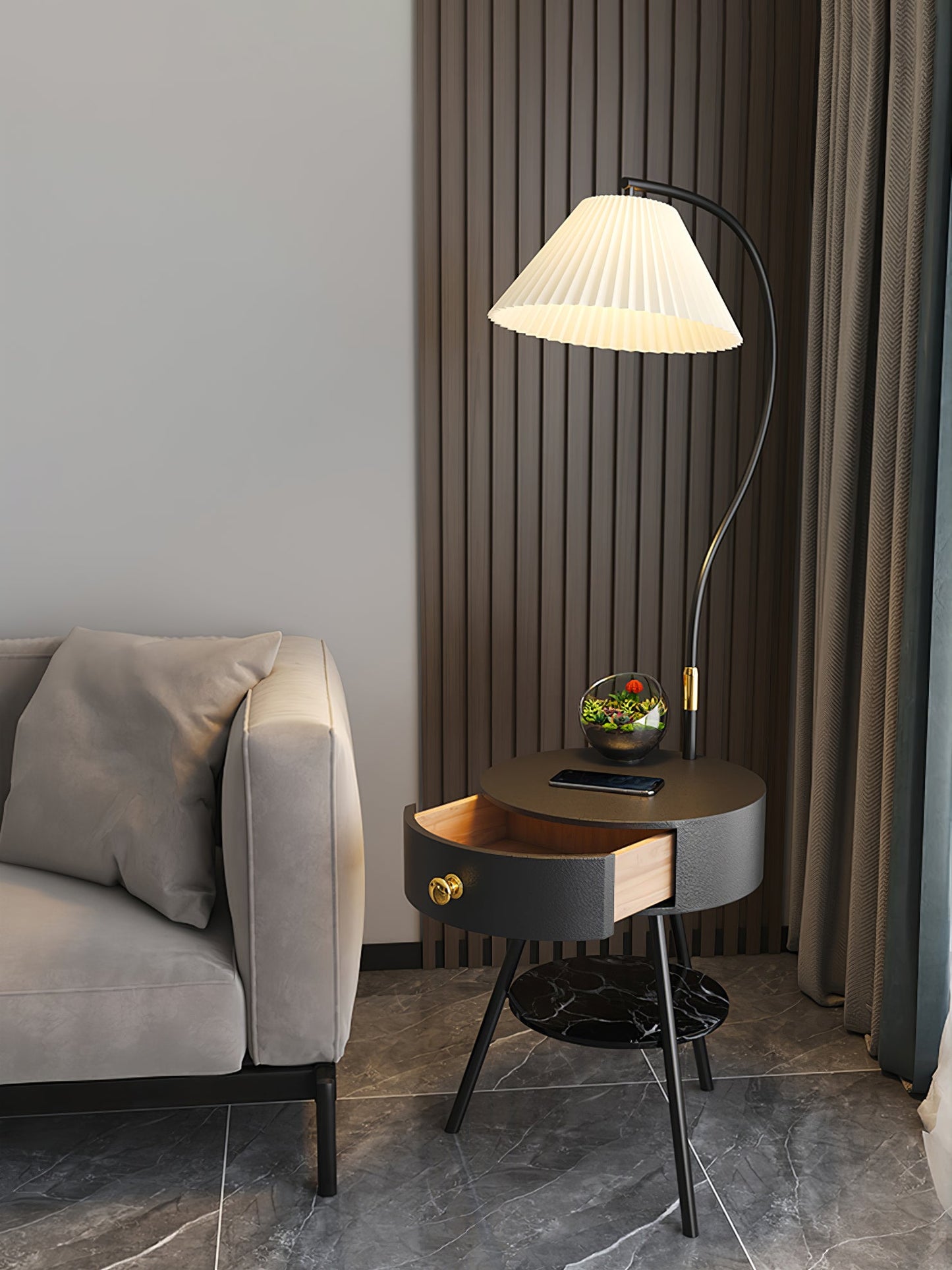 Pleated Nightstand Floor Light with Gold Base and Shade