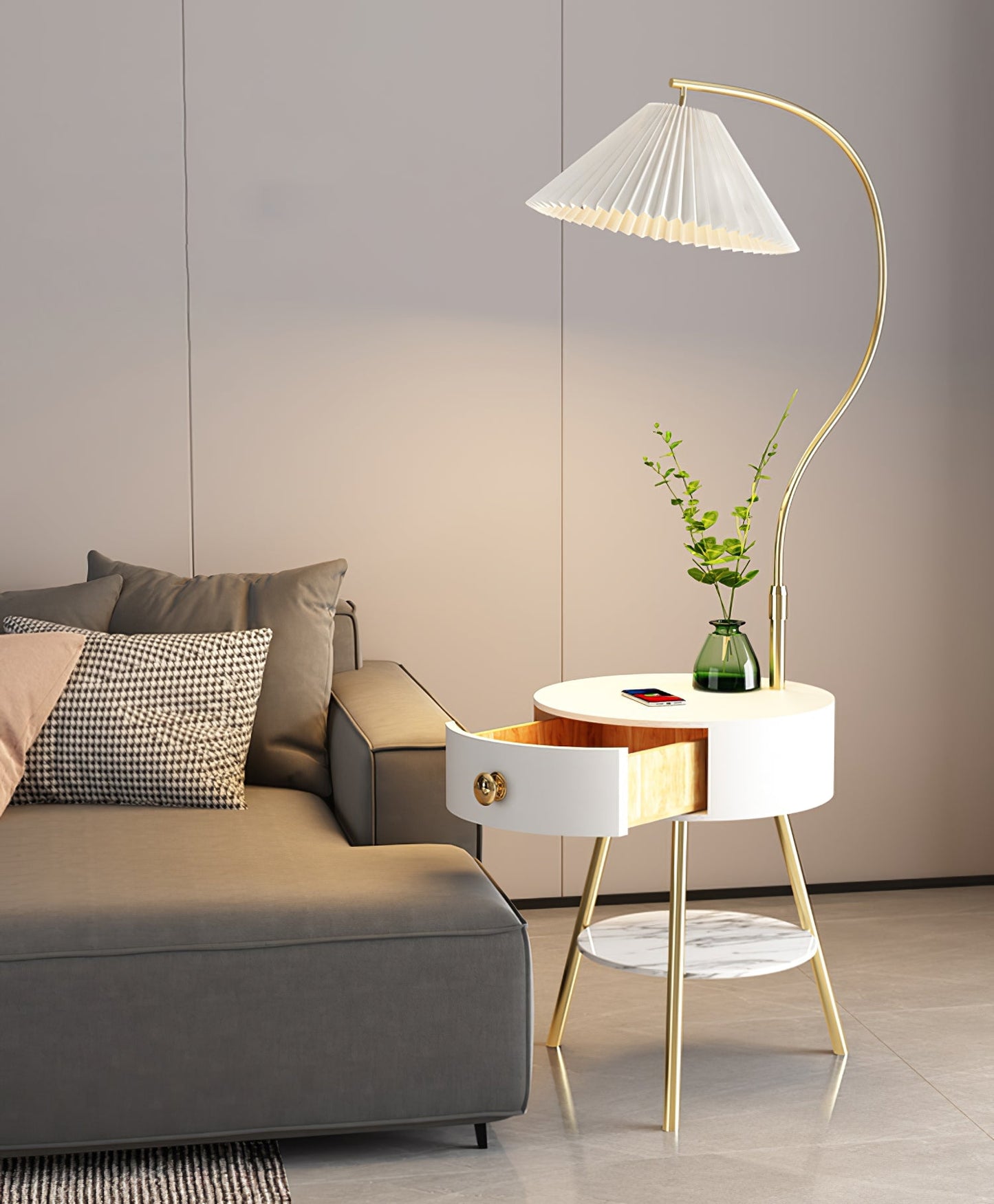 Pleated Nightstand Floor Light with Gold Base and Shade