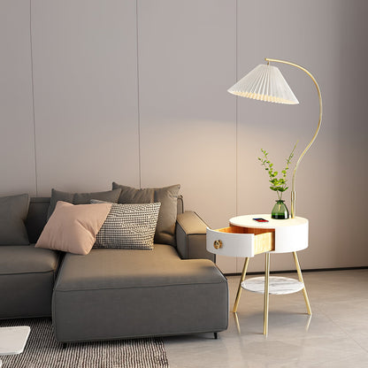 Pleated Nightstand Floor Light with Gold Base and Shade