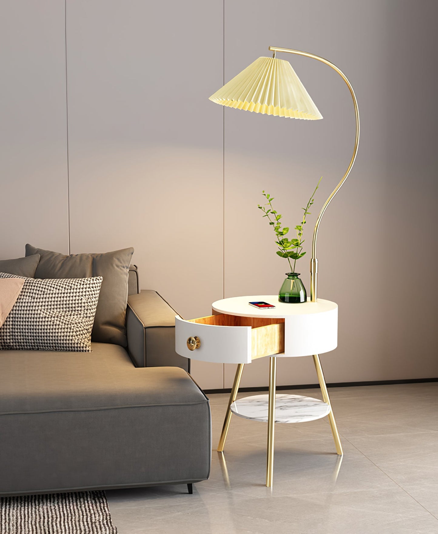 Pleated Nightstand Floor Light with Gold Base and Shade