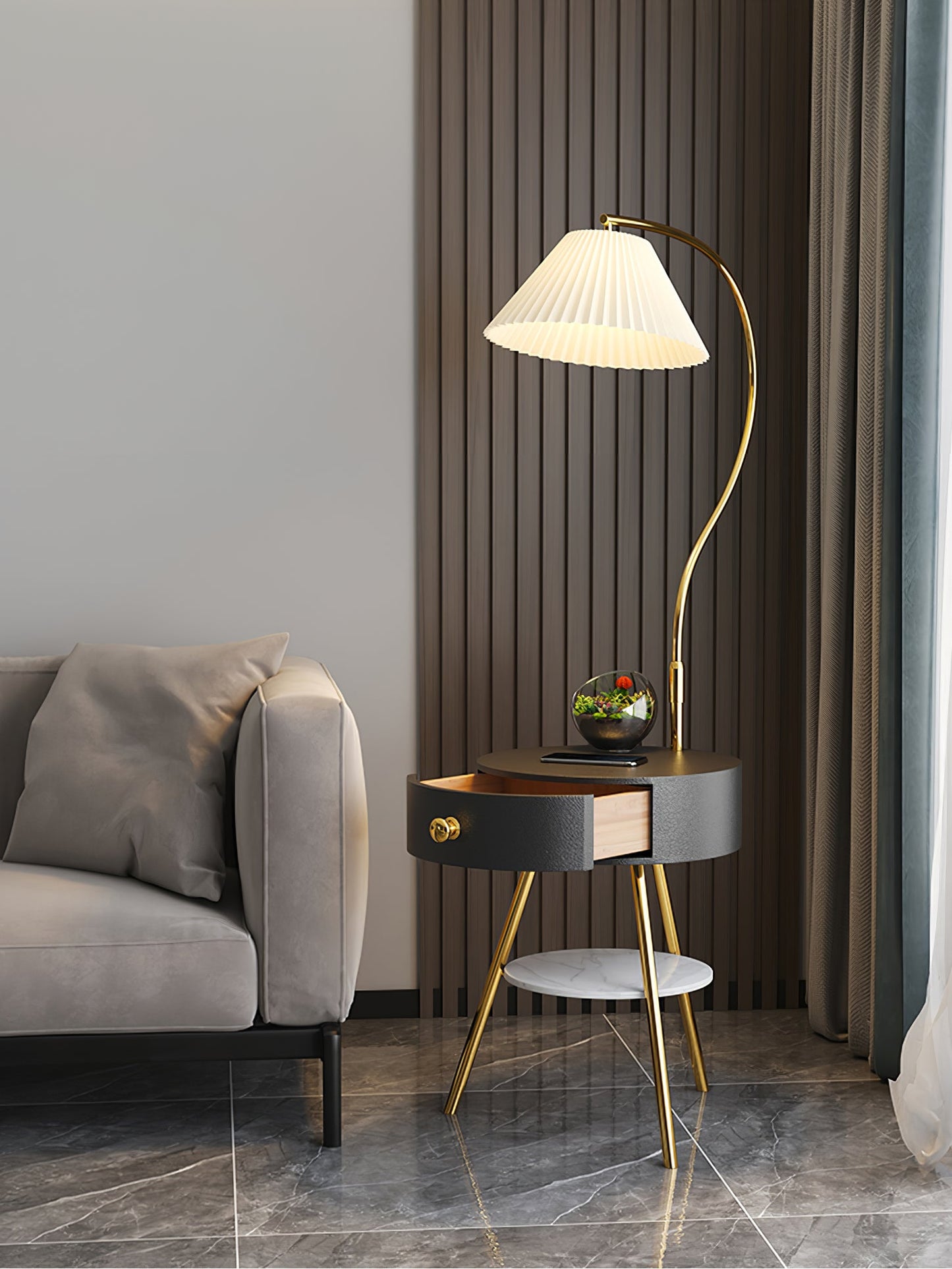 Pleated Nightstand Floor Light with Gold Base and Shade