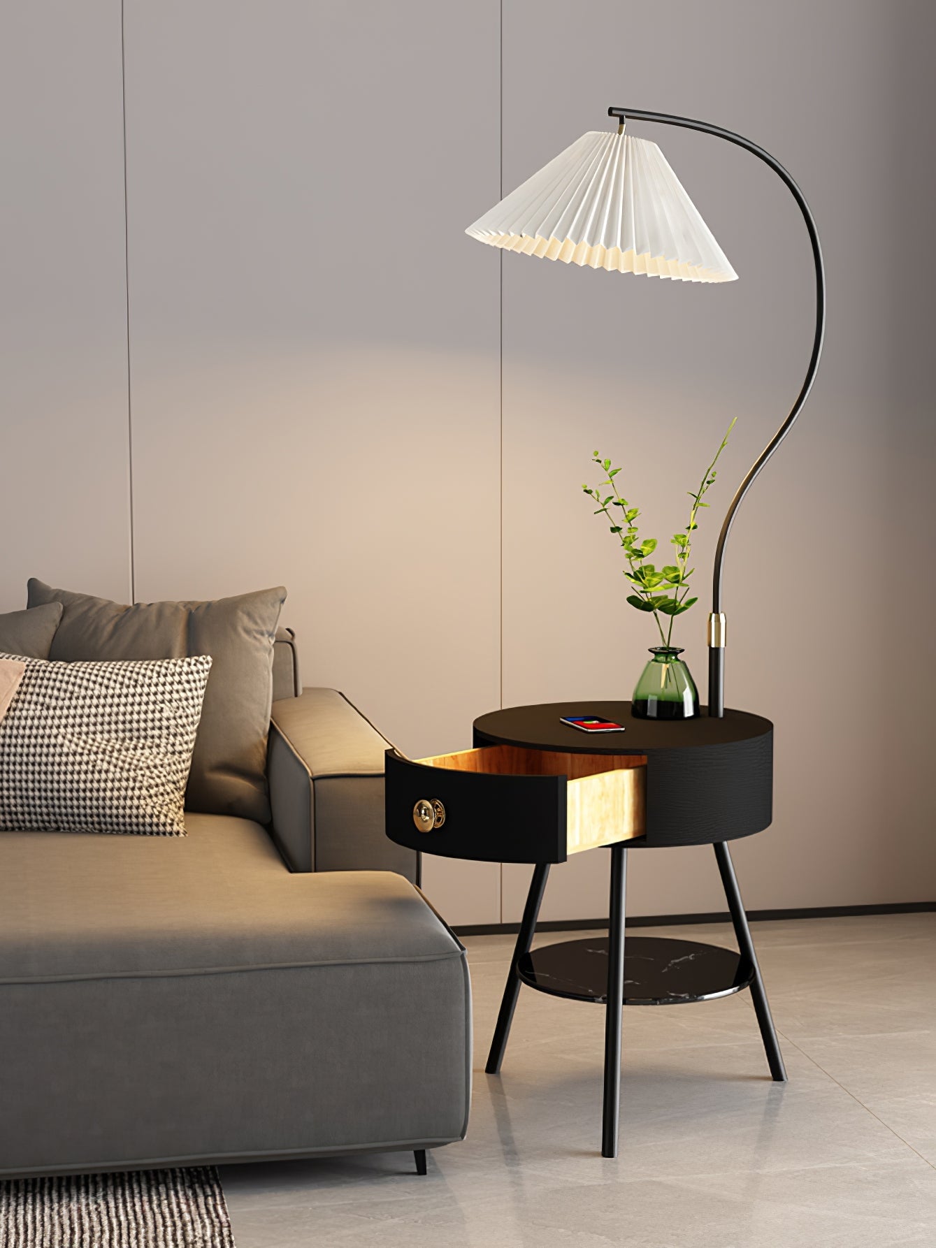 Pleated Nightstand Floor Light with Gold Base and Shade