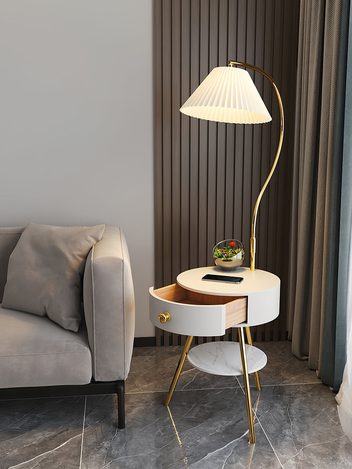 Pleated Nightstand Floor Light with Gold Base and Shade