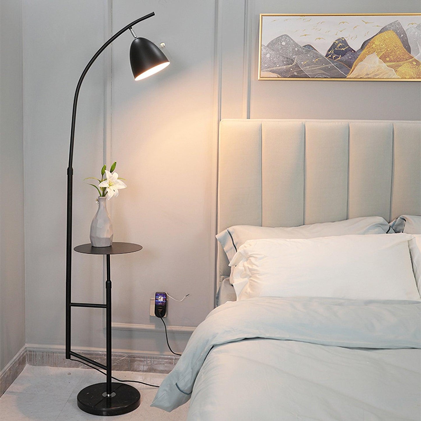 Rani Floor Lamp with Tray, LED, Metal, Black, Gold Finish