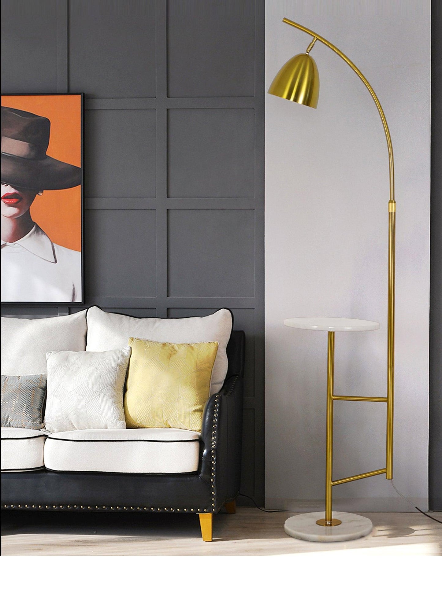 Rani Floor Lamp with Tray, LED, Metal, Black, Gold Finish