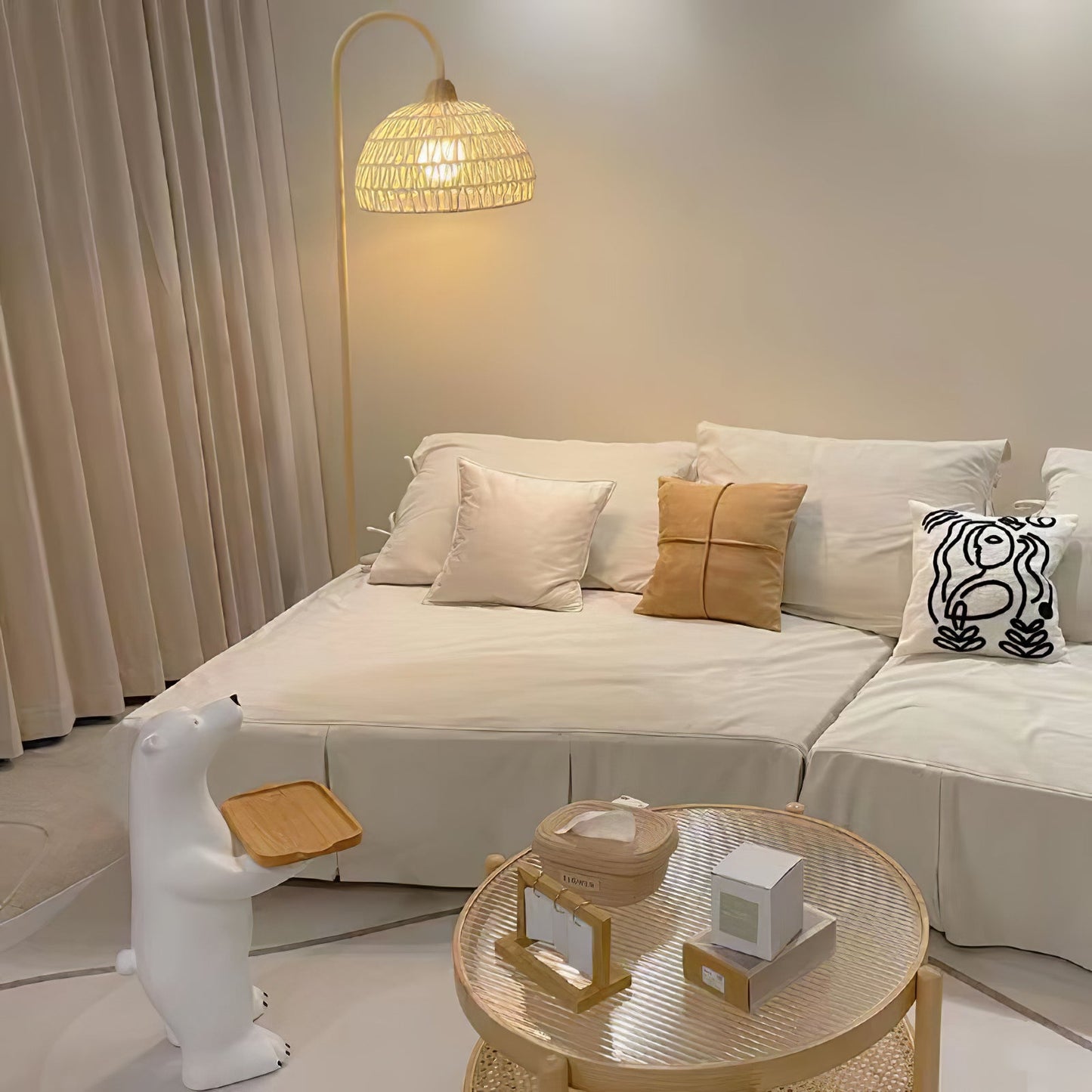 Rattan Arch Floor Lamp - Stylish Beige Indoor Lighting