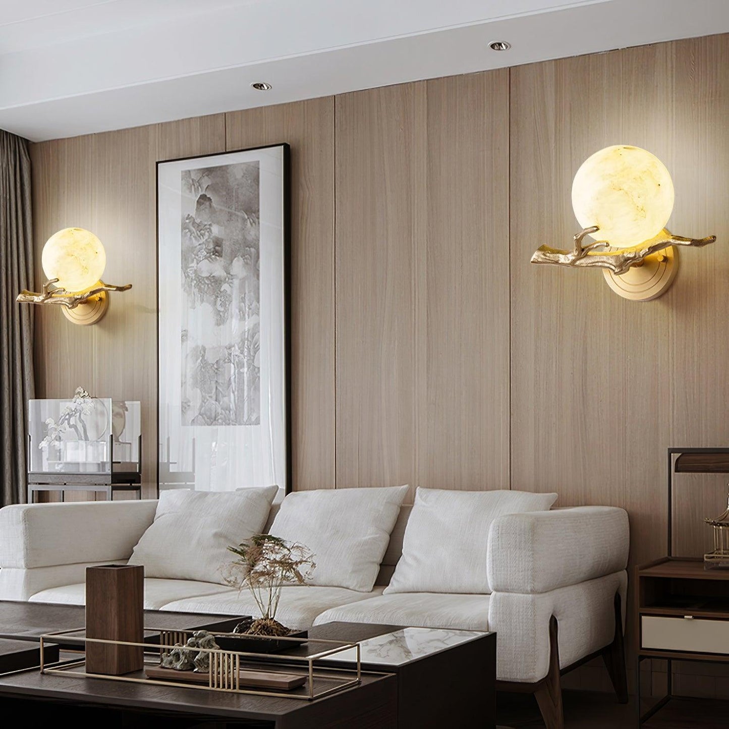 Retro Twigs Wall Lamp - Brass & Marble LED Sconce Set of 2
