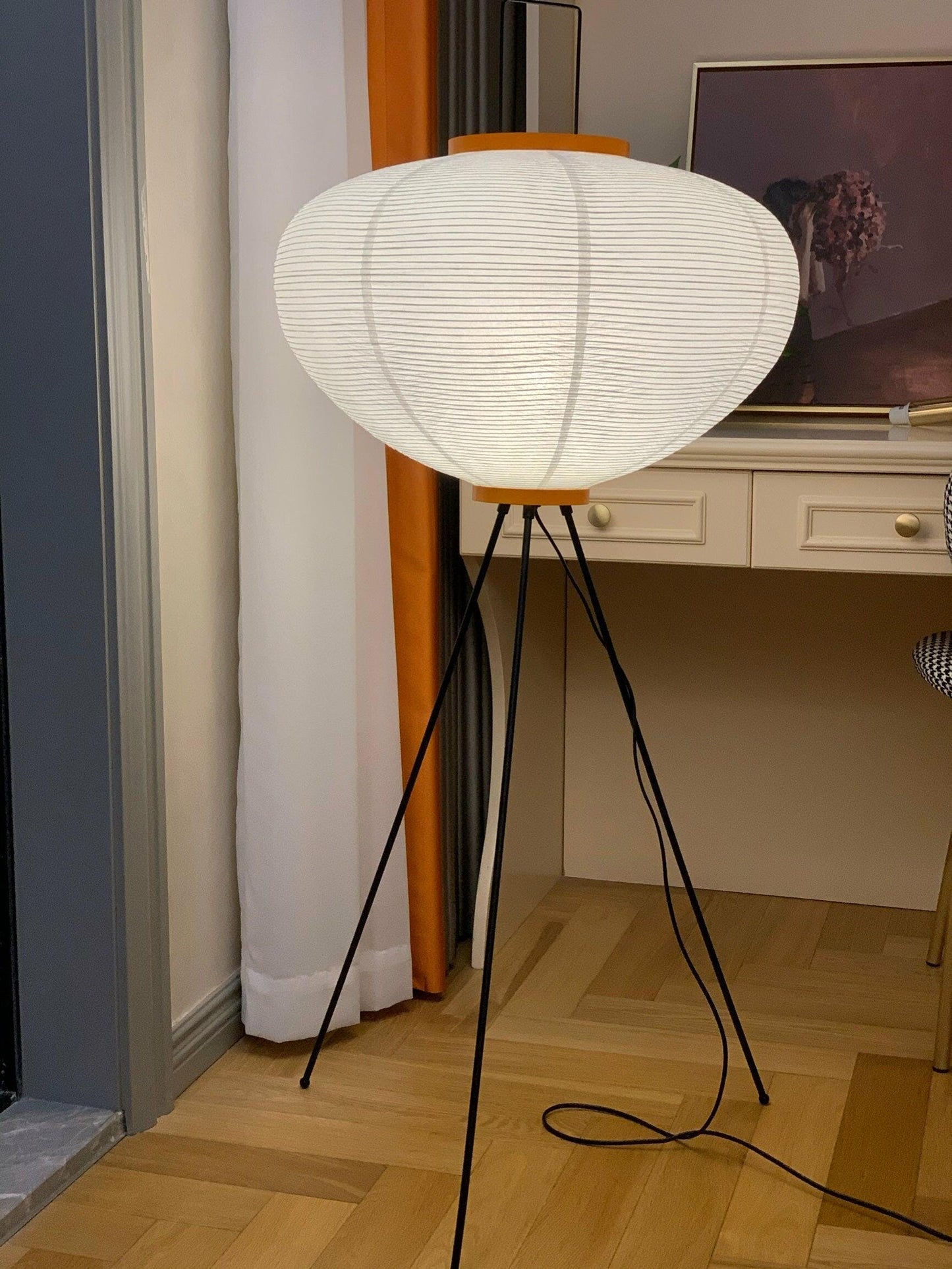 Rice Paper Floor Lamp - Indoor LED Lantern Design, Black