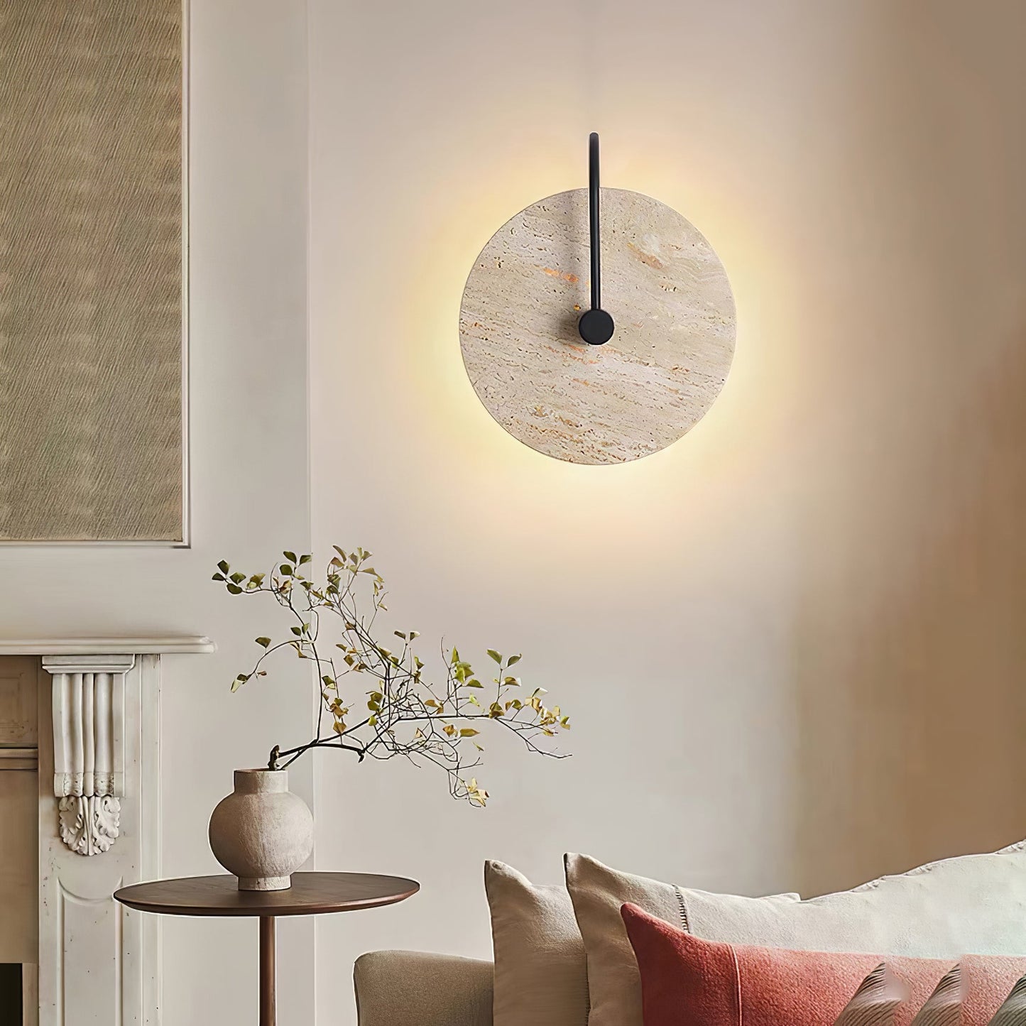 Round Travertine Wall Lamp with Black Arm for Indoor Use