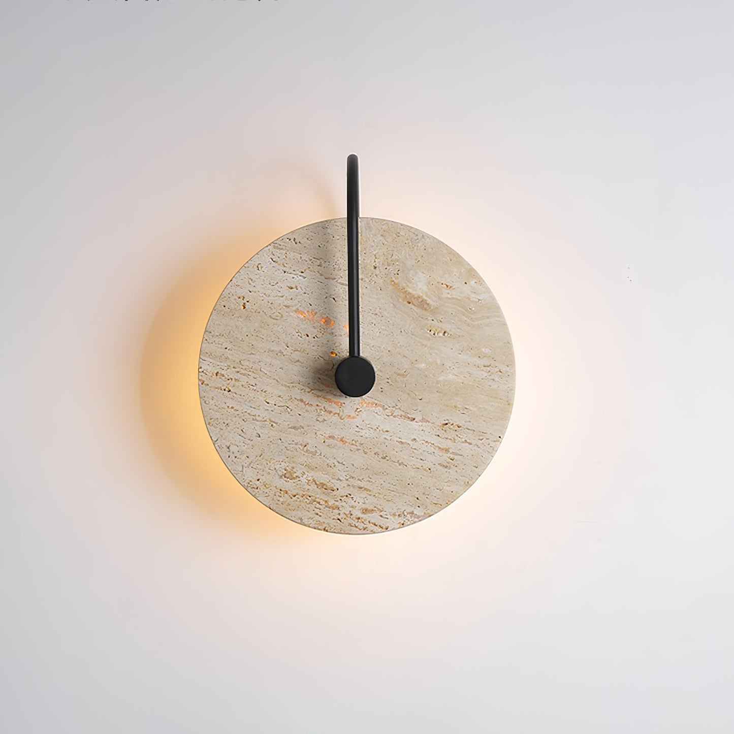 Round Travertine Wall Lamp with Black Arm for Indoor Use