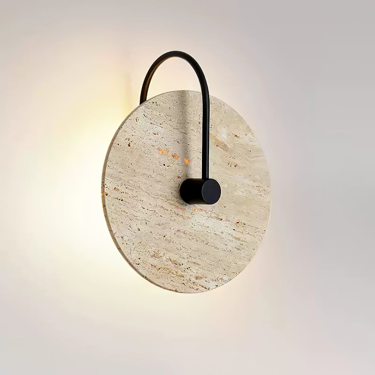 Round Travertine Wall Lamp with Black Arm for Indoor Use