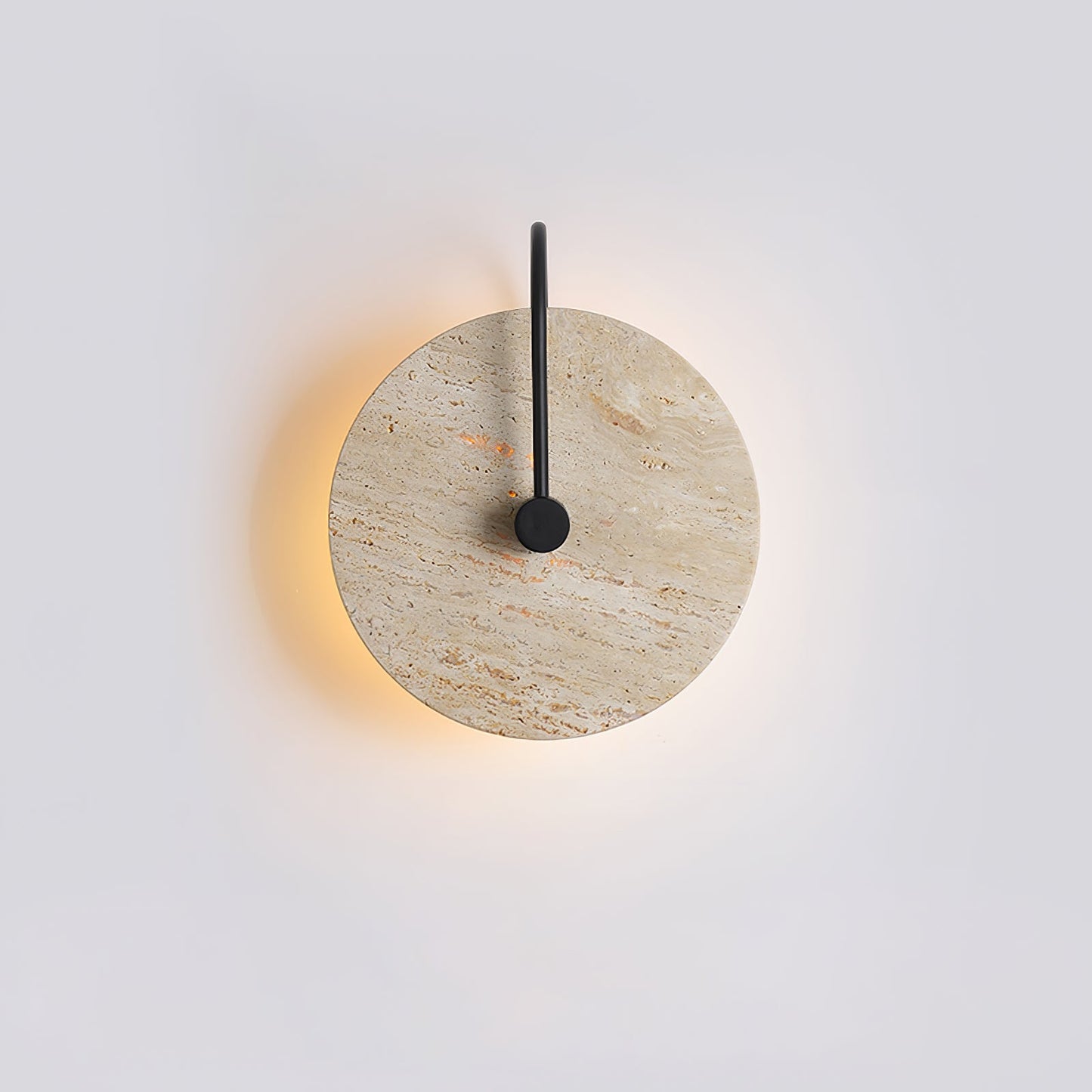 Round Travertine Wall Lamp with Black Arm for Indoor Use