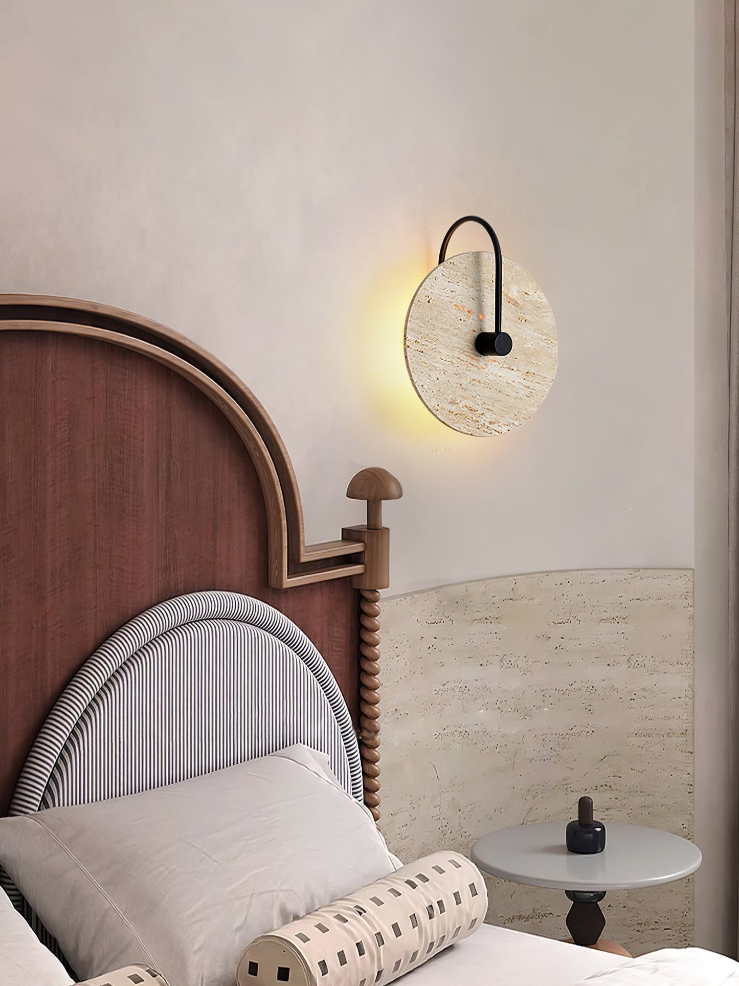 Round Travertine Wall Lamp with Black Arm for Indoor Use