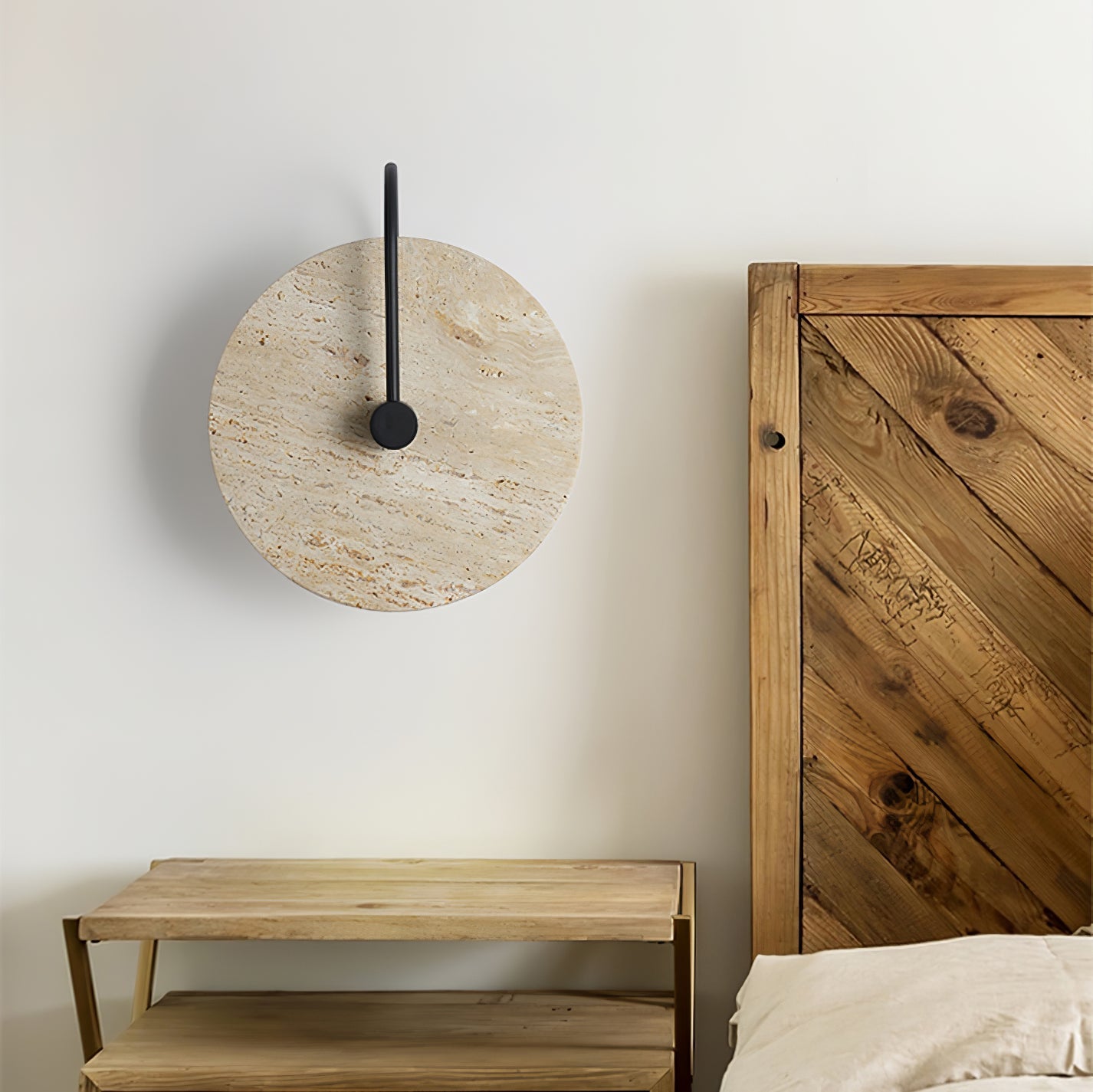 Round Travertine Wall Lamp with Black Arm for Indoor Use
